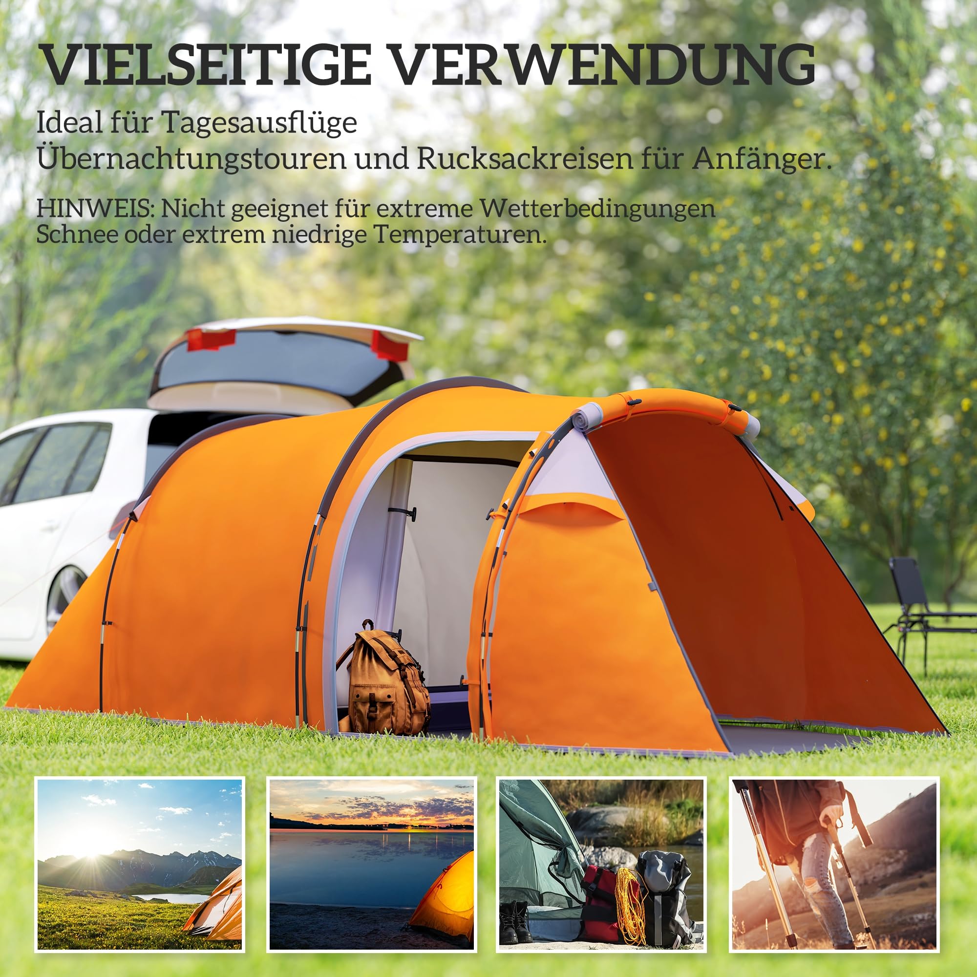 Outsunny Tunnelzelt für 2-3 Personen, Campingzelt mit Vorraum Lampenhaken 2000mm Wassersäule, Wasserdicht Familienzelt, Gruppenzelt für Camping Reise Trekking Garten