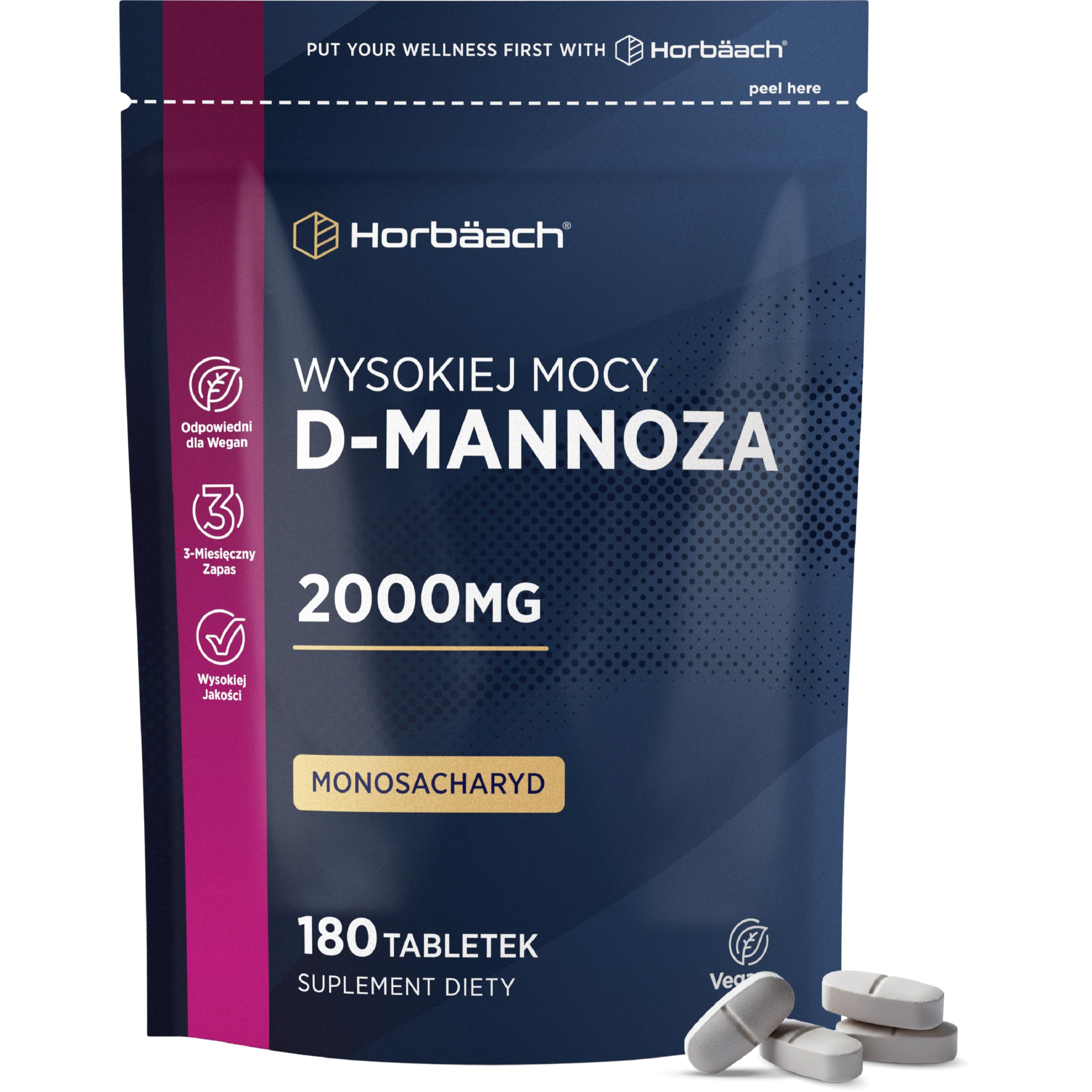 D-Mannoza Tabletki 2000mg | 180 Tabletek Wegańskich (Zapas na 3 Miesiące) | Suplement Diety o Wysokiej Mocy dla Kobiet i Mężczyzn | marki Horbaach
