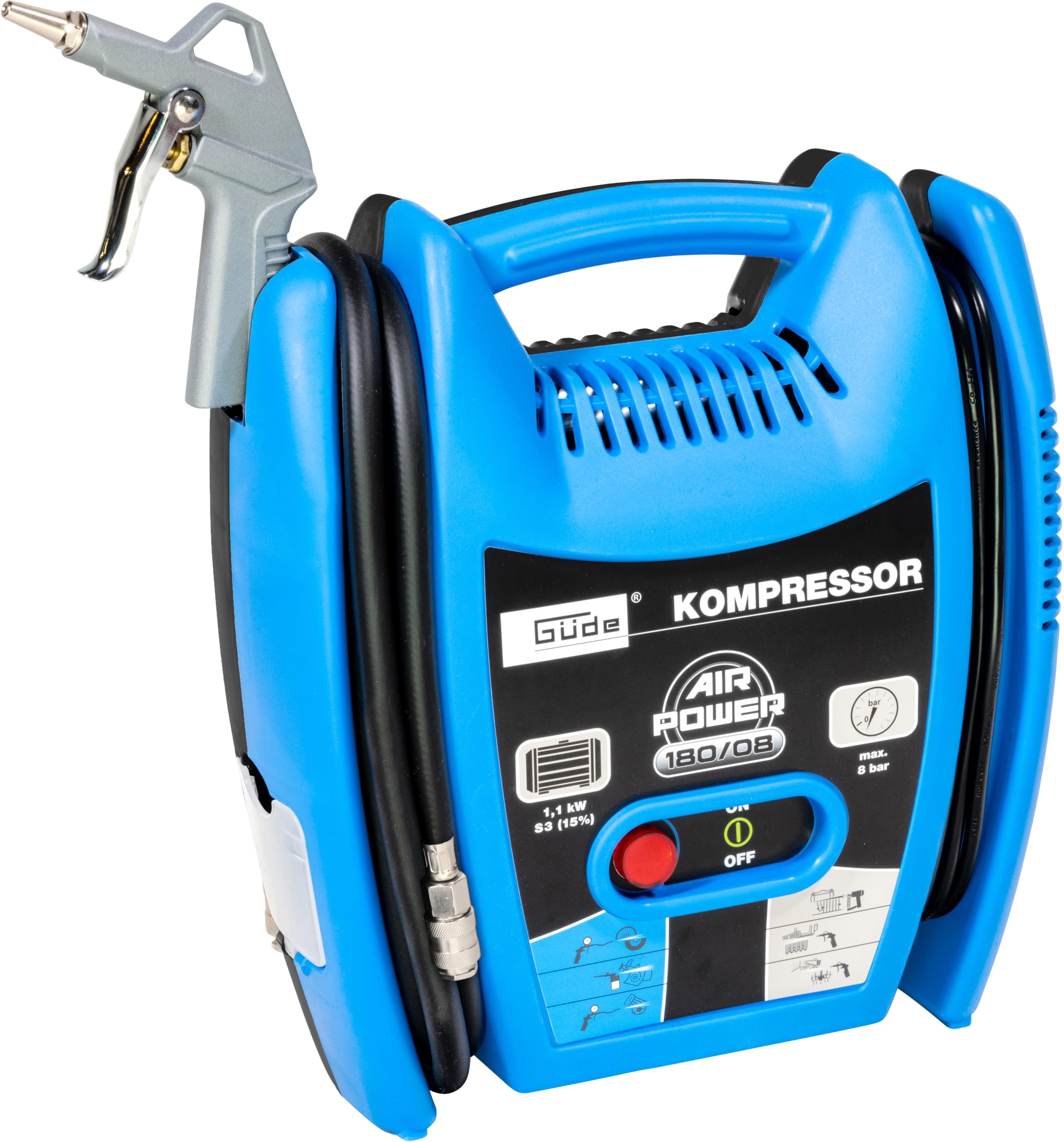 Güde Kompressor Airpower 180/08 (ölfrei & wartungsarm, Riemenantrieb, 8 bar, 1100 W, eff. Liefermenge 140 l/min, 2,5 m Druckluftschlauch mit Schnellkupplung, inkl. Zubehör)