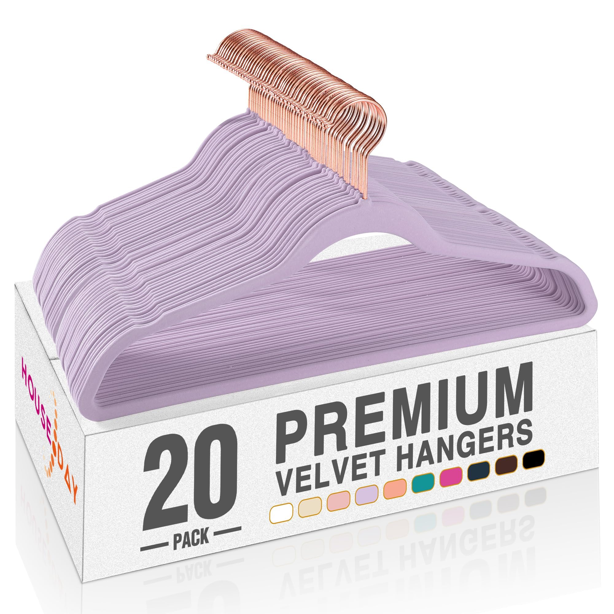 HOUSE DAY Samt-Kleiderbügel, 20 Stück, Premium-Kleiderbügel, rutschfeste Filzbügel, stabile violette Kleiderbügel, robuste Kleiderbügel, langlebige Anzugbügel, platzsparend, um 360 Grad drehbarer