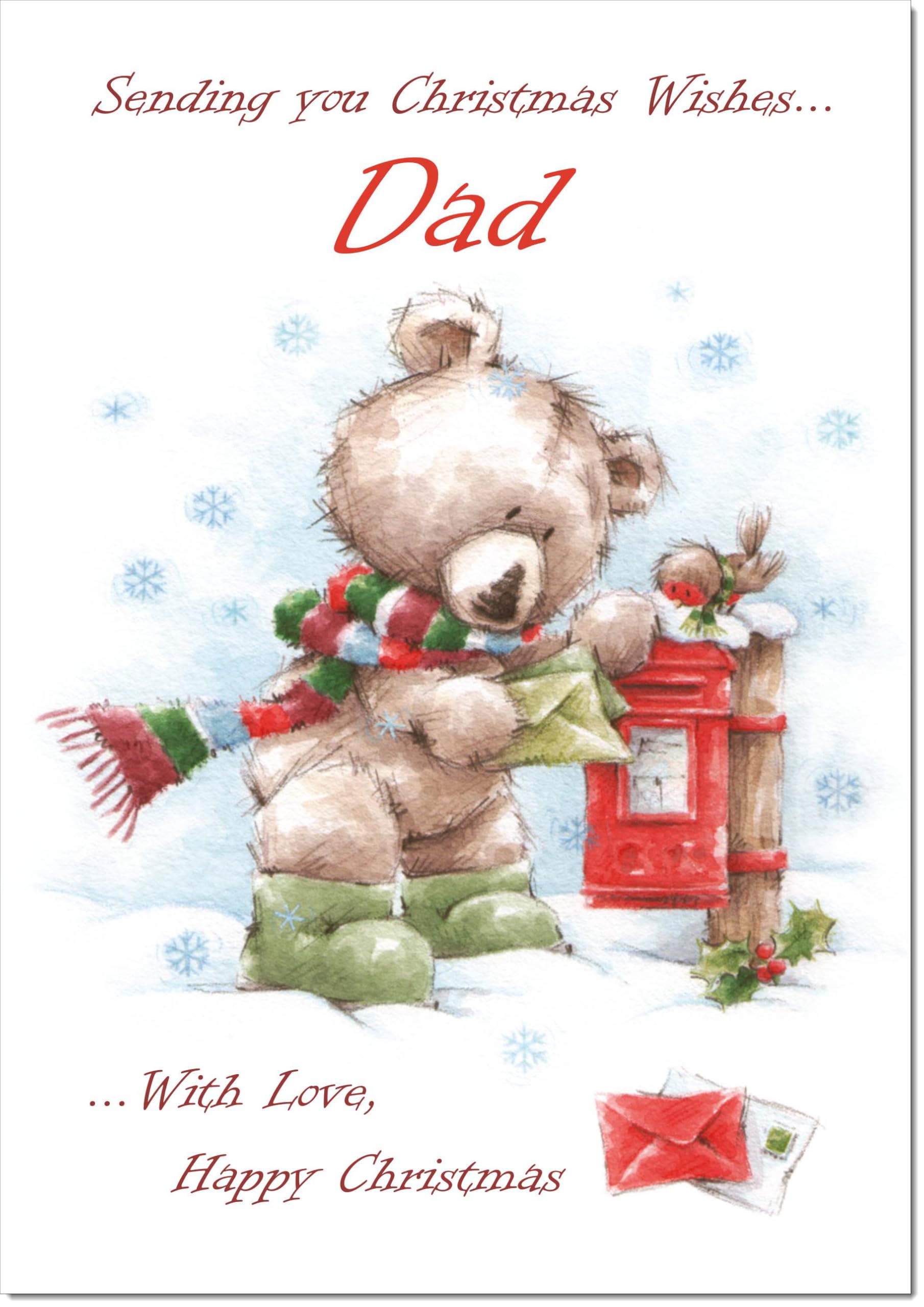 doodlecards Dad Christmas Card Cute Bear at Post Box Large A4 Size Christmas Card for Dad with Plain Envelope