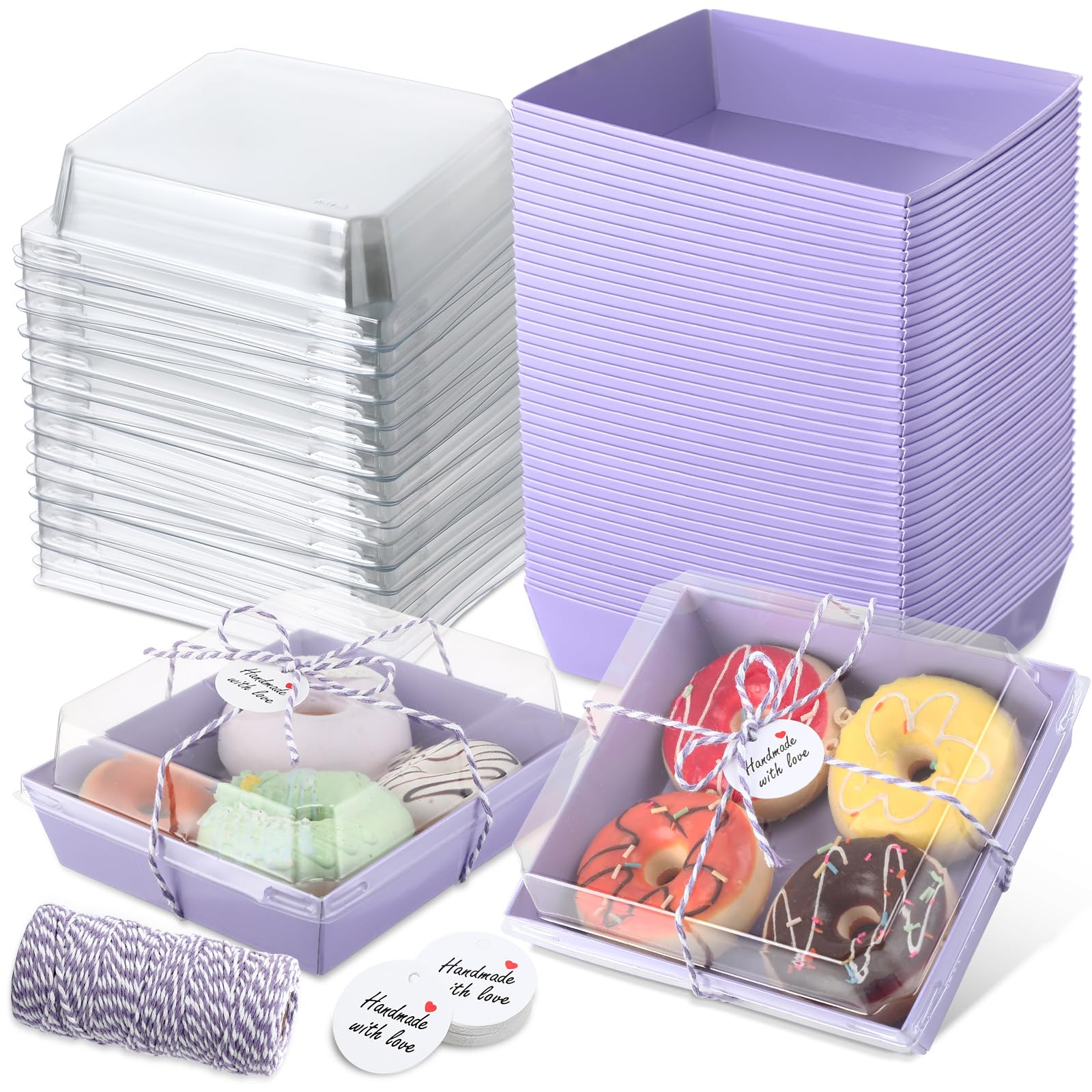 Outus Confezione da 100 scatole per salumi con coperchio trasparente, contenitori in carta per alimenti, da asporto, con etichette regalo, per dessert, torte, panini, fragole (viola, piccole)