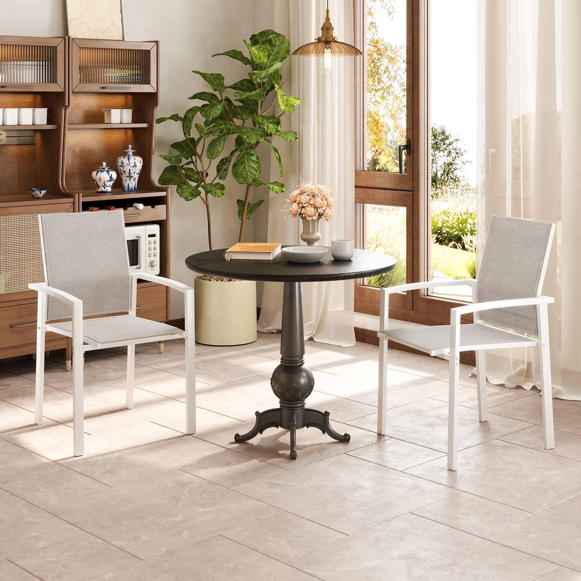 Outsunny Juego de 2 Sillas de Jardín Exterior Sillas Terraza Exterior Apilables Sillones de Comedor con Tela Transpirable Marco de Acero Reposabrazos y Respaldo 56x58x89 cm Gris Claro