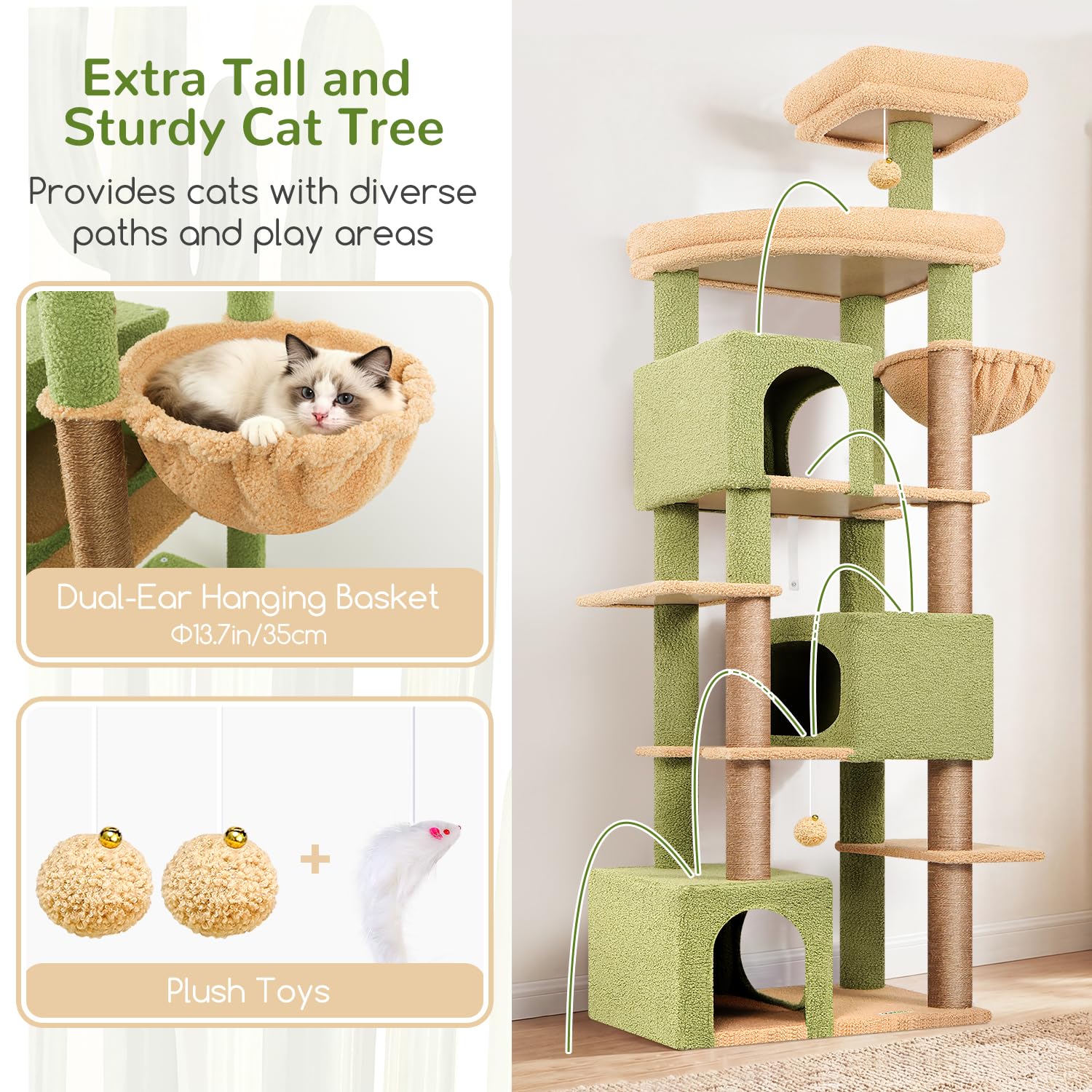 Globlazer Tiragraffi per Gatti Cactus Verde XXL Alto 203 cm con 3 Grandi Grotte 45*30*30CM, ExtraLarge Piattaforma, Cesto, Trespoli, Giocattoli, Albero Stabile per 4-6 Grandi Gatti Adulti (S80, Verde)