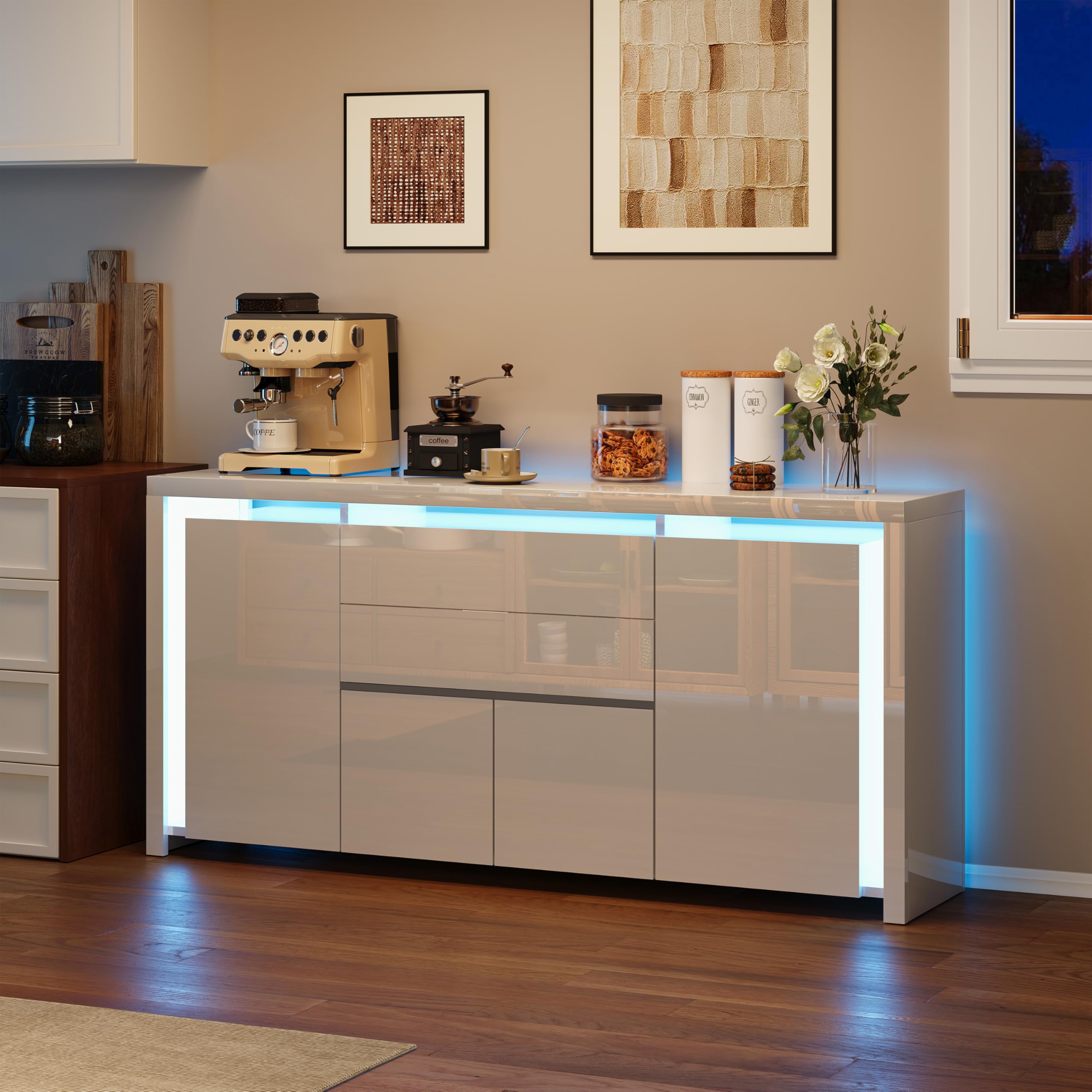 Sideboard mit 4 Türen und 2 Schubladen, Küchenschrank mit LED-Beleuchtung, Buffetschrank mit Stauraum für Küche und Esszimme, Kommode, TV-Schrank (Weiß, 160 x 76 x 35 cm)