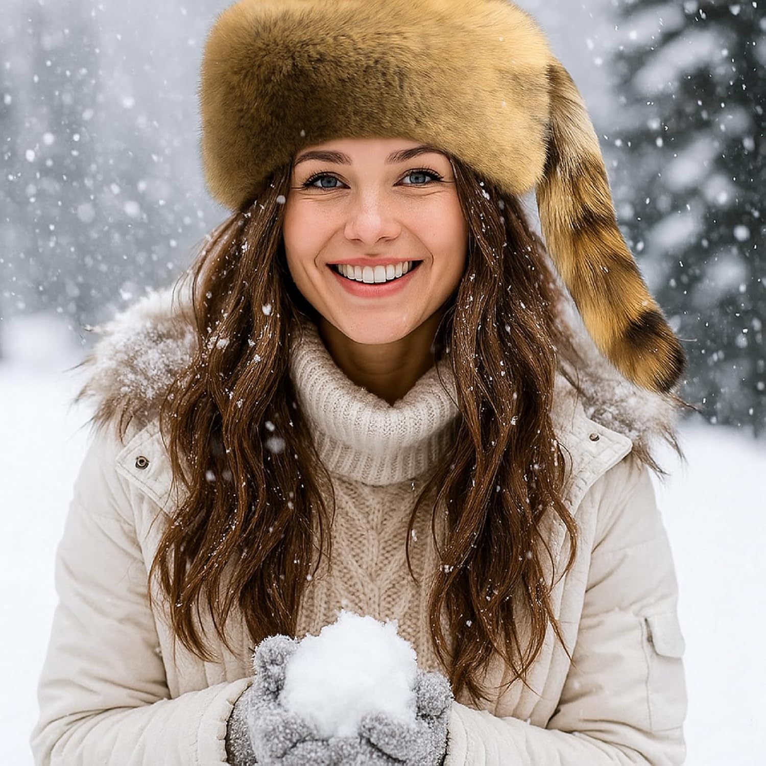 Raccoon Hat with Tail for Women Men Faux Fur Coonskin Raccoon Tail Hat Warm Winter Cap for Unisex Cold Weather - Image 4