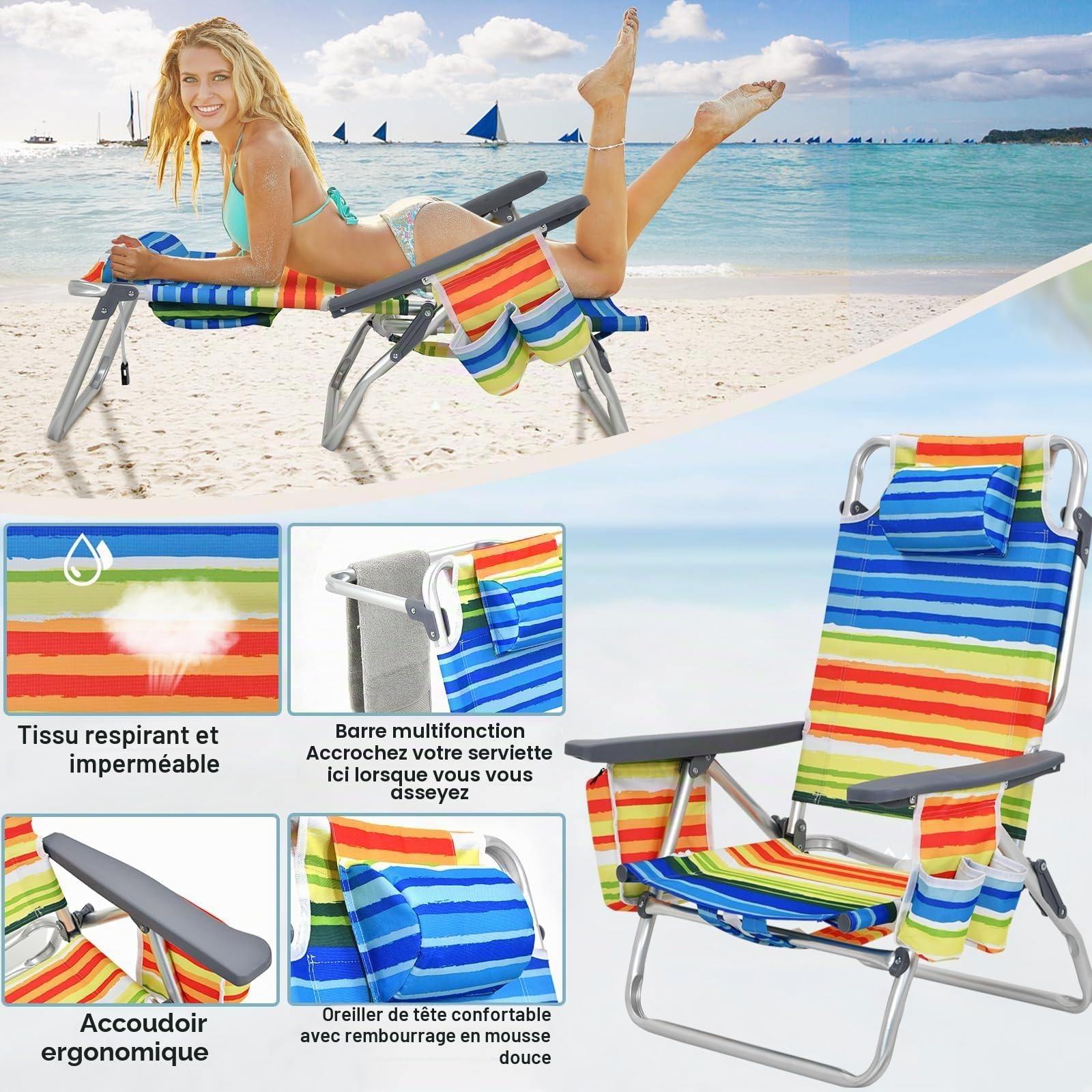 KOMFOTTEU Chaises de Plage Pliables avec Table Basse, Fauteil de Plage avec Appui-tête et Dossier réglable, Chaise de Camping, avec Sac de Glace, Sac de Rangement, Porte-gobelet (Jaune)