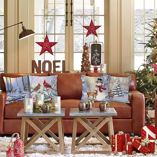 Miniatura 7 de Juego de 4 fundas de almohada de Navidad de 18 x 18 pulgadas, fundas de cojín de muñeco de nieve de invierno, fundas de almohada de Navidad, fundas