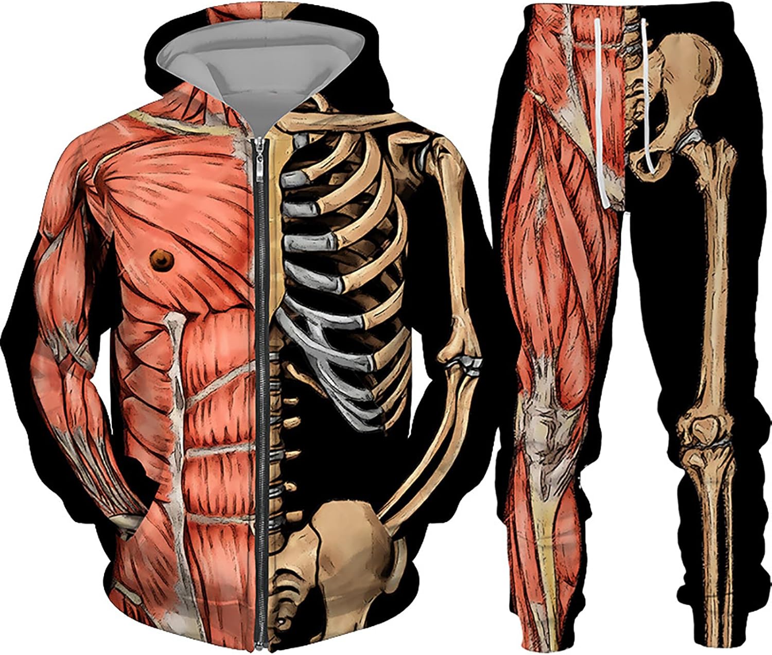 Hicawetp Men's 2 Pieces Tracksuit Set Novelty Skeleton Print Zip Up Hoodie Sweatpants Set For Men Women Jogging Sweat Suits