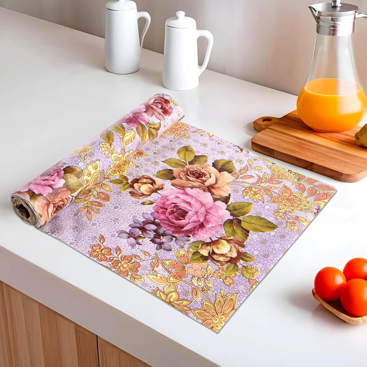 Kuber Industries 5 Mtr - Kitchen Shelf Liner | Anti-Slip Fridge Mat For Drawer | Waterproof Wardrobe Shelves Sheet | PVC Paper Roll For Wardrobe & Cabinet | Flower Print - Lavender-image-28