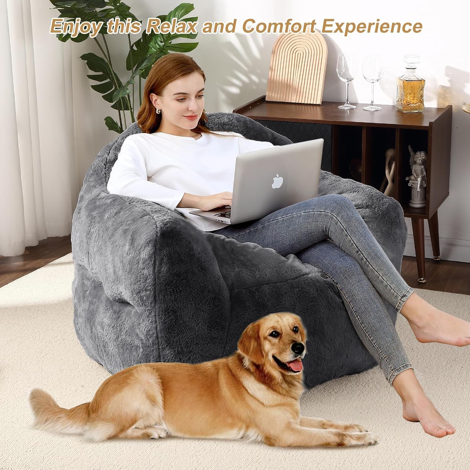 51" Big Bean Bag Chair BeanBag Chairs with Armrests for Adults Kids, Oversized Comfy Chair with Filler Included, Soft Cozy Beanbag Couch Floor Sofa Chair for Living Room Bedroom,Dorm,Dark Grey