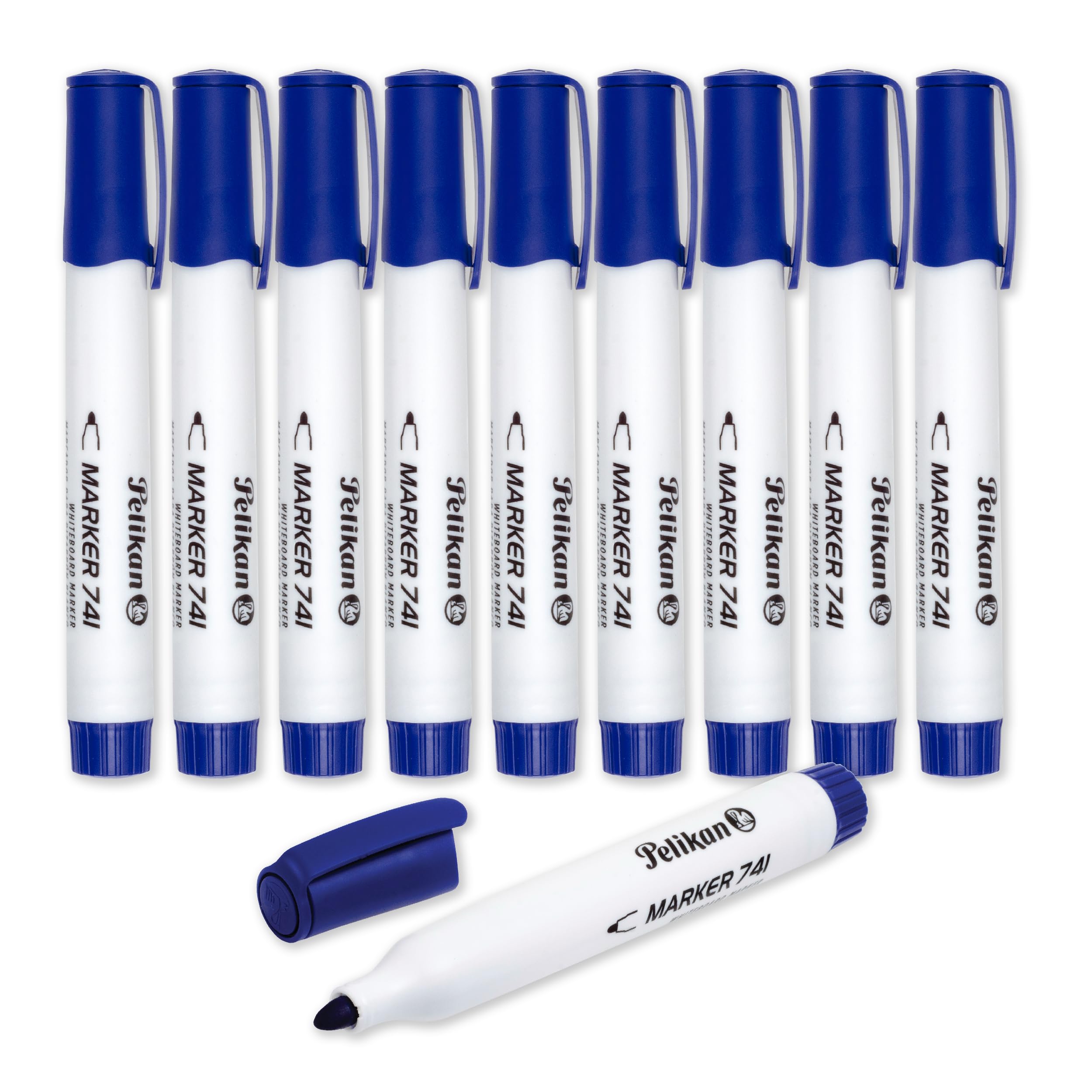 Pelikan Whiteboard Marker Pens 741, Blue, 2 mm Bullet Tip, Refillable Dry Erase Markers with Cap-Off Ink, Pack of 10