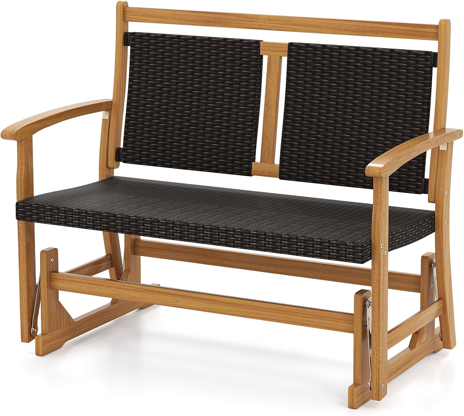 RELAX4LIFE Wooden Outdoor Glider Bench - 2-Person Wicker Rattan Swing Gliding Rocker Chair w/Acacia Wood Armrests, Wicker Back & Seat, Rocking Patio Loveseat for Porch Backyard Pool Garden (45.5'')