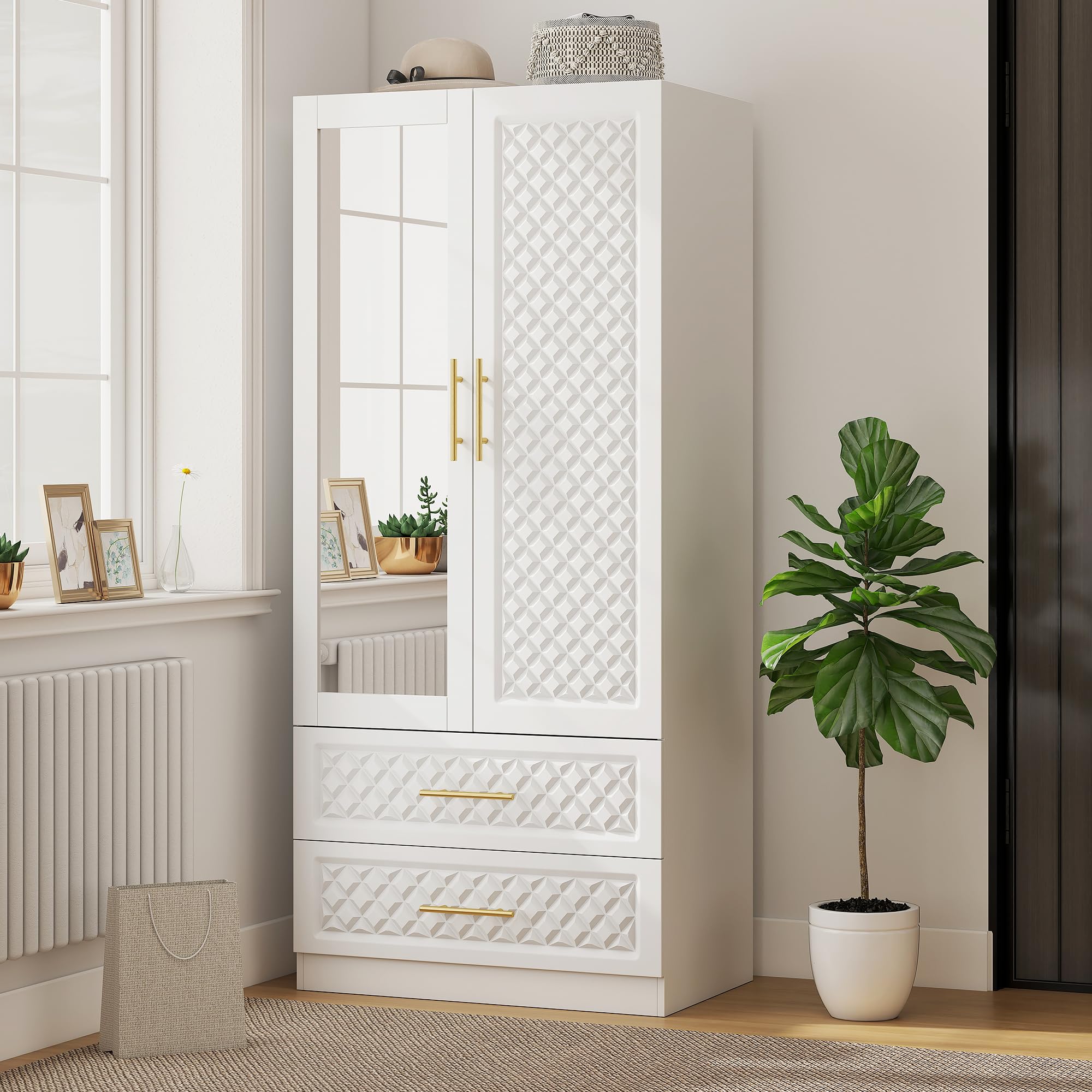HOMCOM Armadio camera da letto armadio con specchio a 2 ante 80 x 50 x 180 cm, bianco | 2 Cassetti, Barra di Sospensione, Armadio per Abbigliamento, Spogliatoio, Stile Moderno