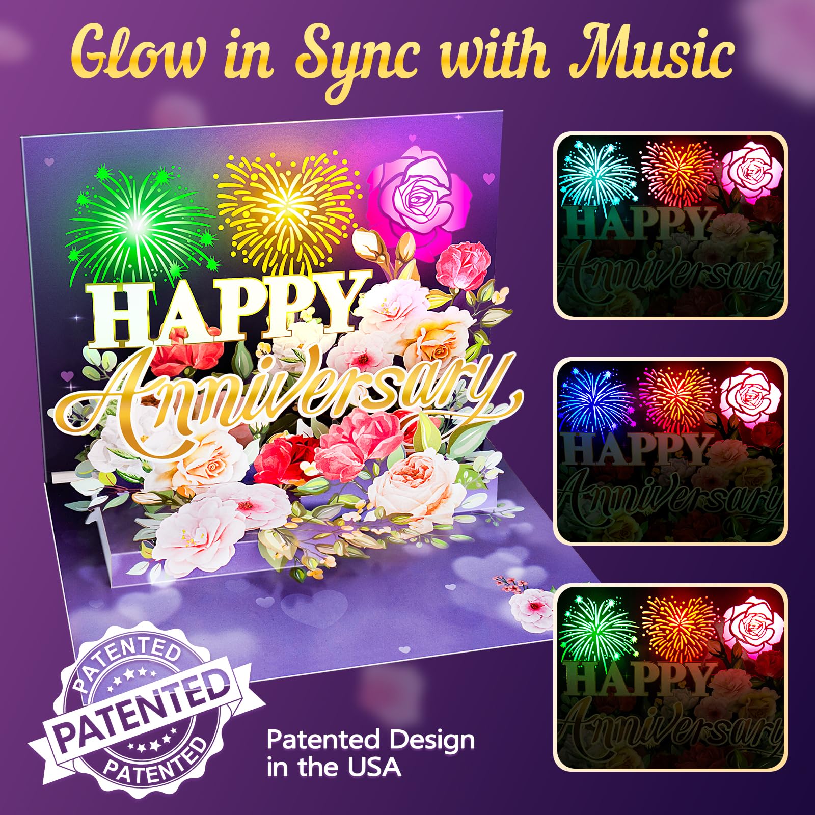 Biglietto di anniversario, musica e luce, biglietto di San Valentino pop up con fuochi d'artificio fiori regali per lui suo marito moglie coppia - viola