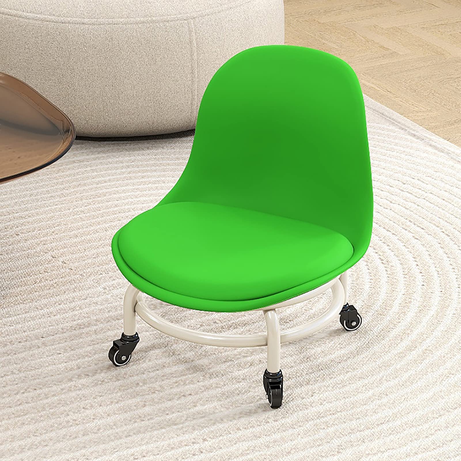 Tabouret roulant bas avec dossier en cuir PU et petites roues robustes pour bureau à domicile