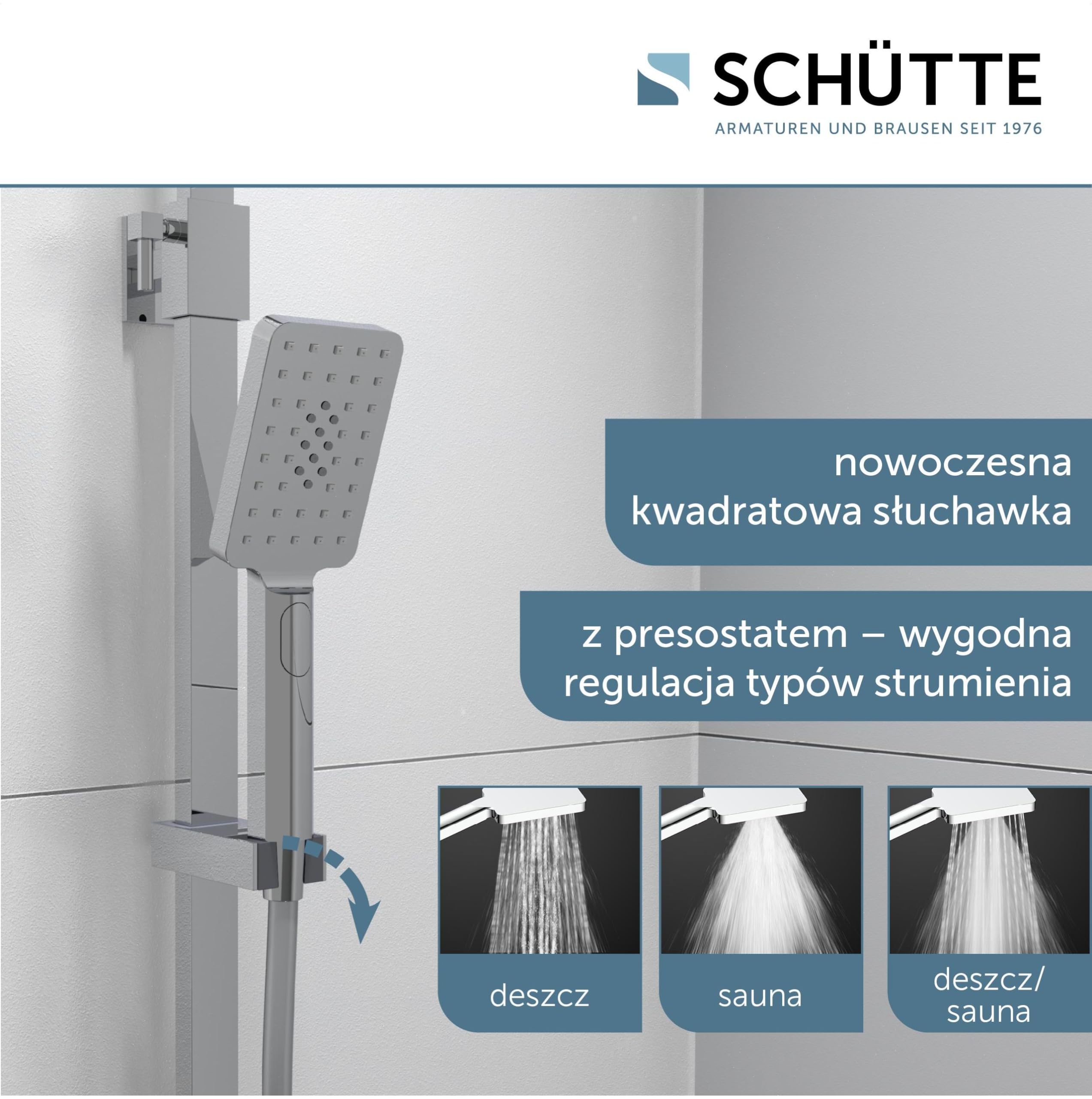 SCHÜTTE OCEAN 60531 system prysznicowy z termostatem i szklaną półką, 30 x 30 cm, deszczownica z uchwytem ściennym i panelem prysznicowym, kolumna prysznicowa w kolorze chromowym/antracytowym