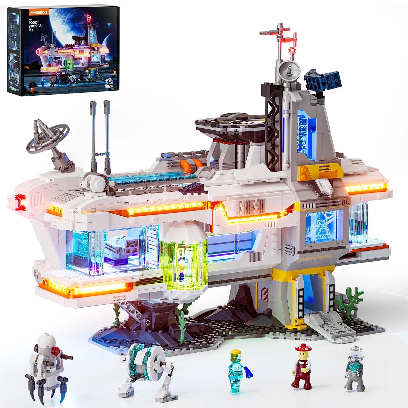 Lumibricks Space Hub Łowcy Nagród podświetlany zestaw klocków – futurystyczny budynek modułowy Alien-Cyberpunk z minifigurkami, 2309 części, prezent dla dorosłych i nastolatków