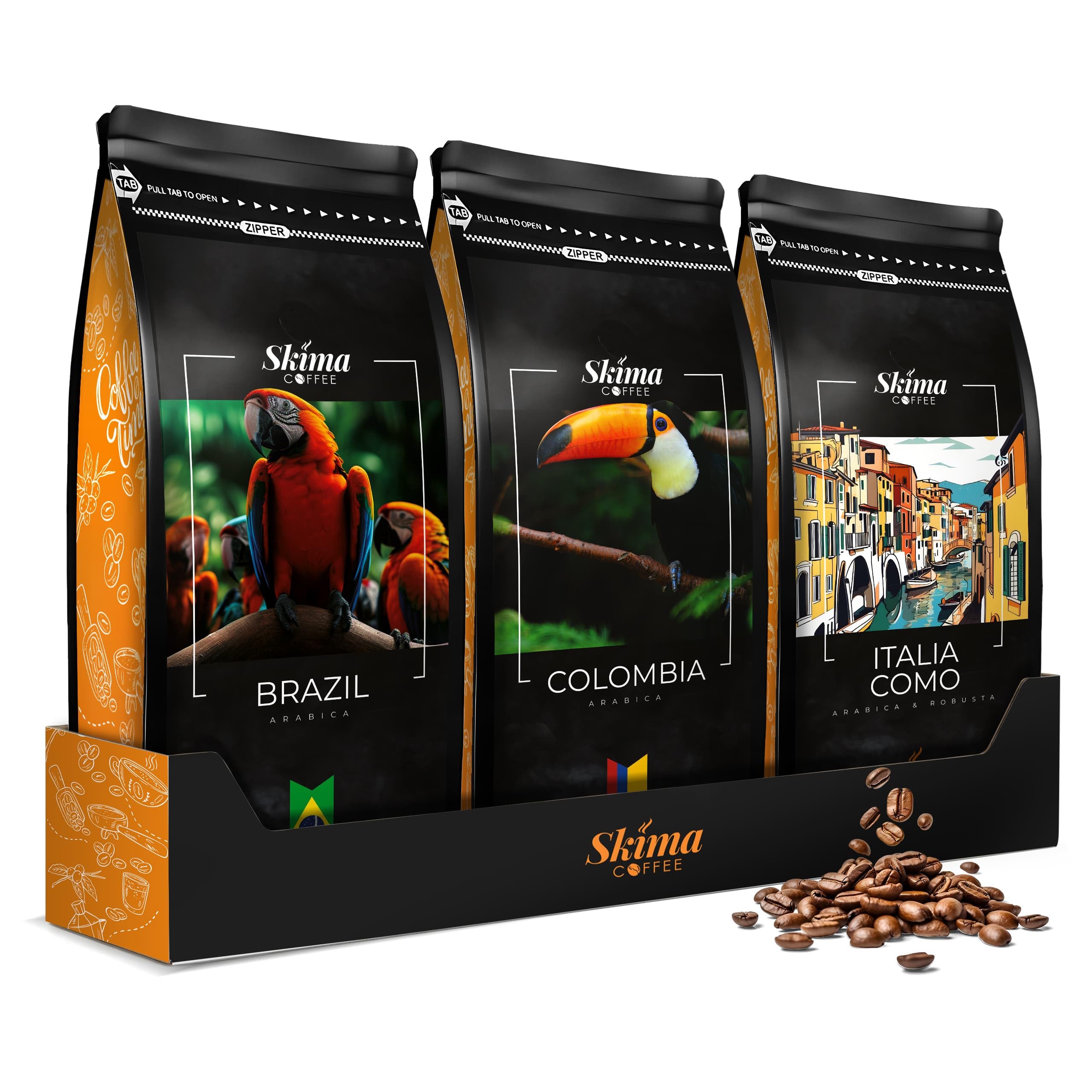 SkimaCoffee Café en grano 3 x 1 kg BRASIL/COLOMBIA/ITALIA COMO