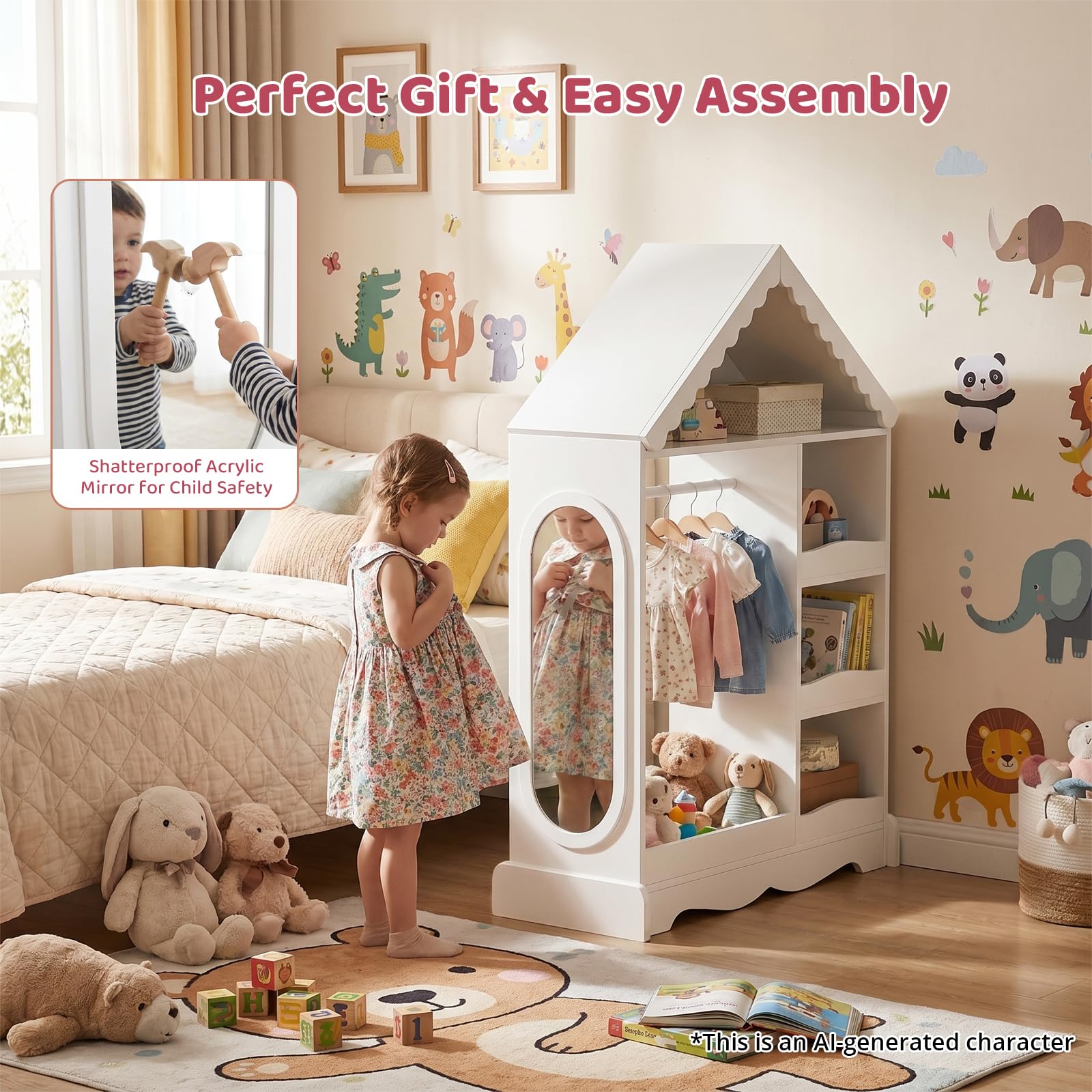 VOWNER Kinder Kleiderschrank in Hausform, Kindergarderobe mit Spiegel, Kleiderstange, kleiderständer, Regalen & Haken, Weiß