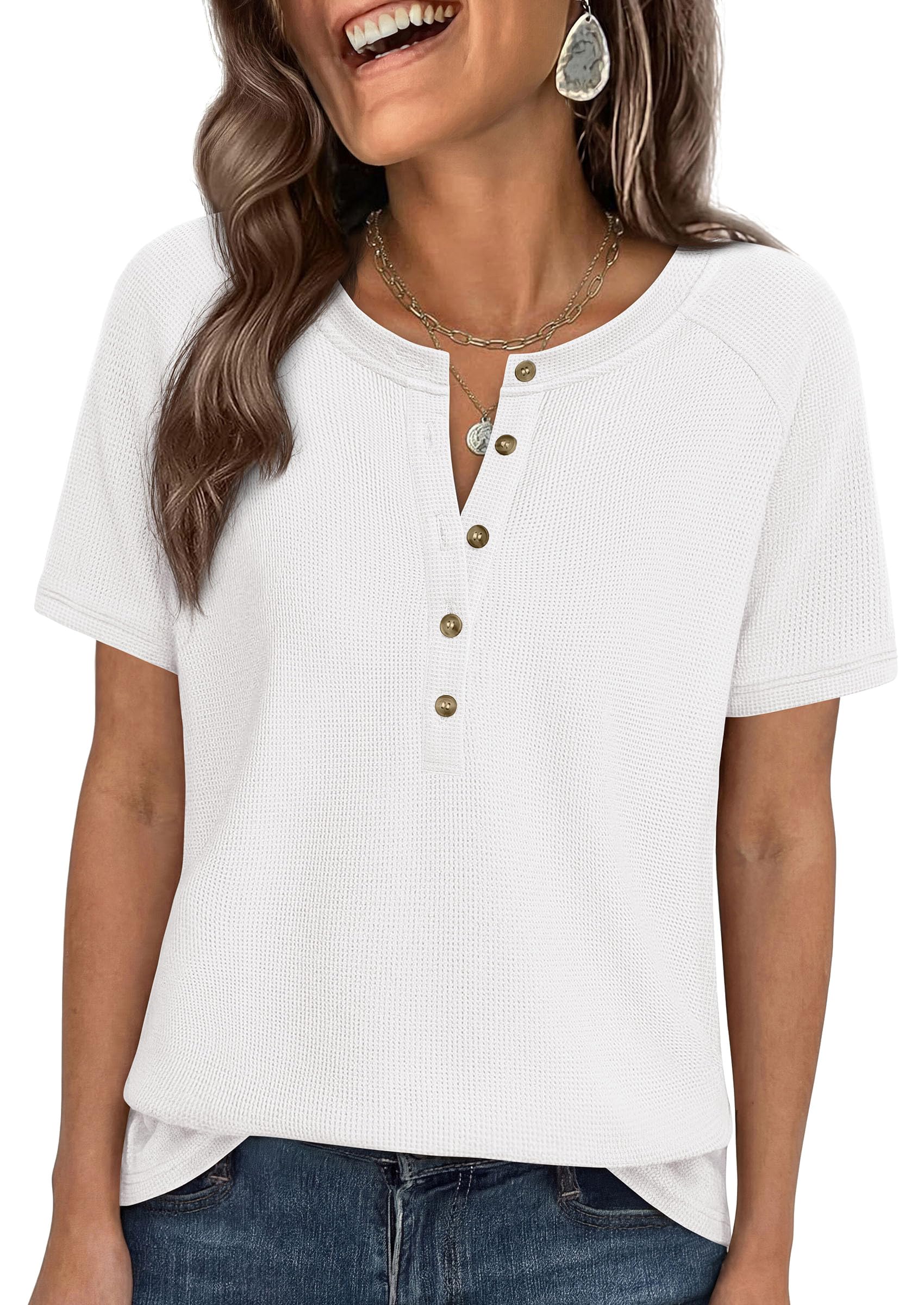 PRETTYGARDEN Waffle Knit Tops for Women Short Sleeve Henley Shirts 2026 Summer Blouses Dressy Casual Spring Fashion Clothes — view 22