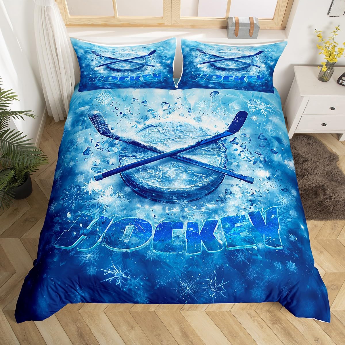 Homewish Eishockey Bettwäsche Set 155x220 Sportspiele Bettbezug für Kinder Teenager Erwachsene Hockeyspieler Schnee Winter Blau Weiß Tröster Abdeckung Warm Weich Bett Set