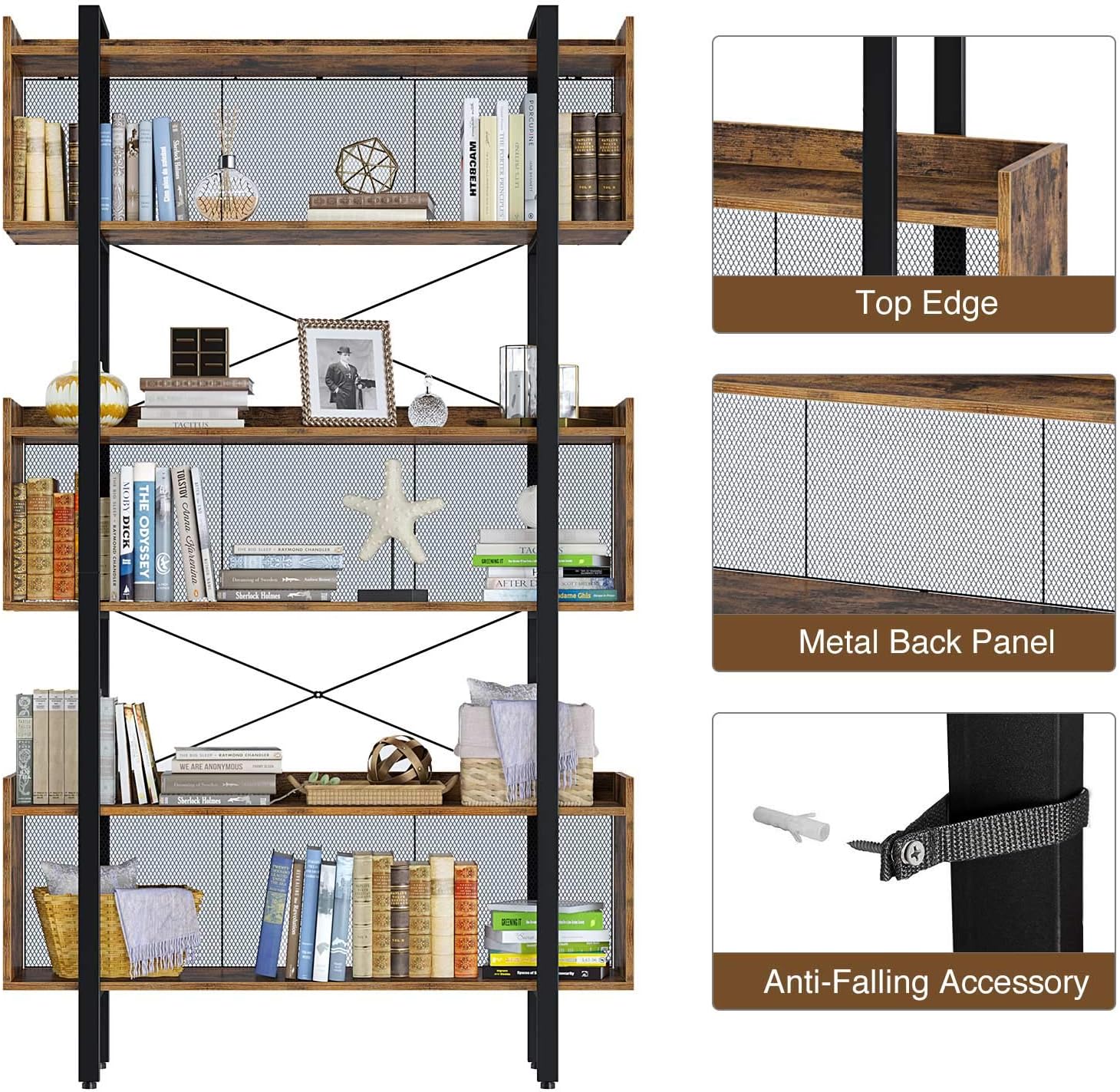 Rolanstar Bookshelf 6-Tier, Industrial Bookcase with Top Edge, Freestanding Wooden Bookshelf with Metal Frame for Display and Organization, Geometric Bookcase for Living Room and Bedroom, Rustic Brown : Everything Else