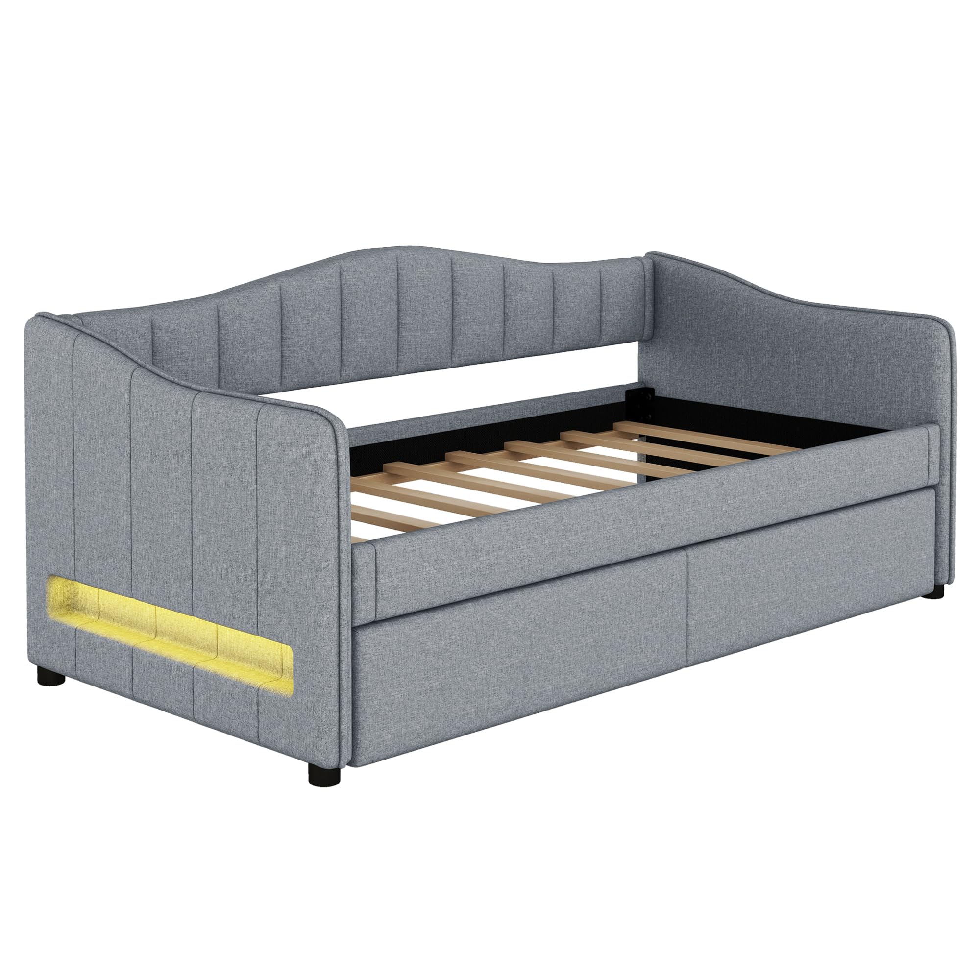 Letto giornaliero con letto estraibile, divano letto, letto singolo (senza materasso), design della luce, in lino, stile minimalista, 90 x 200 cm (grigio)