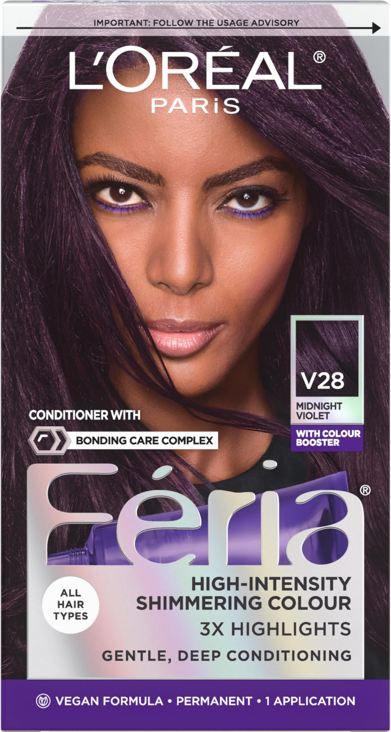 L'Oreal Paris Feria Multi-Faceted Shimmering Permanent Hair Color Hair Dye, V28 Midnight Violet (Deepest Violet)