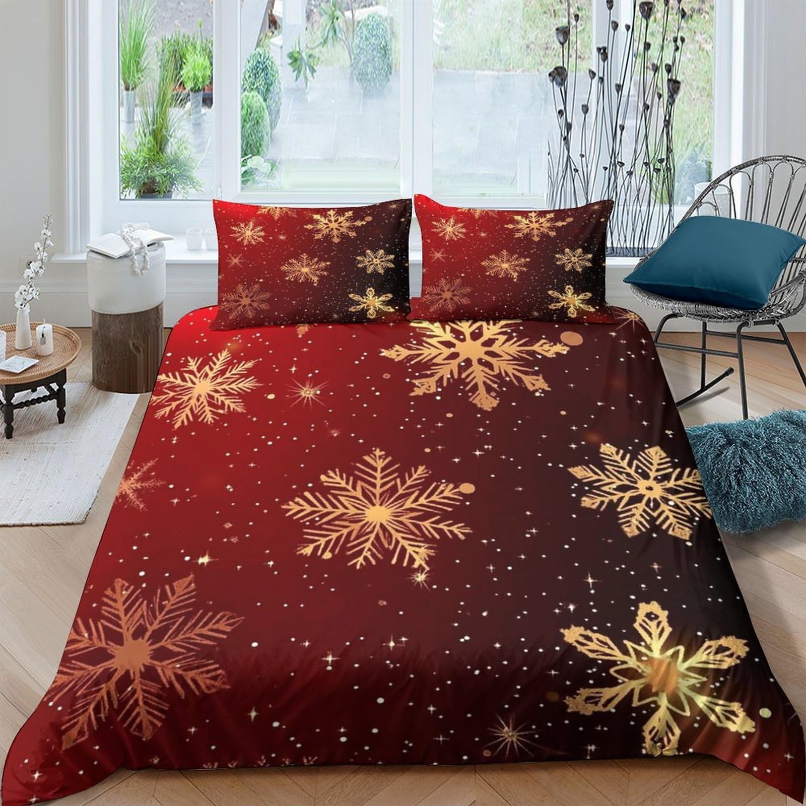Ctjqhvkz Style-9 3D Printed Red Gold Snowflake Fitted Sheet Microfiber Soft Mattress Cover Winter Bedroom Decor Single（135X200cm）