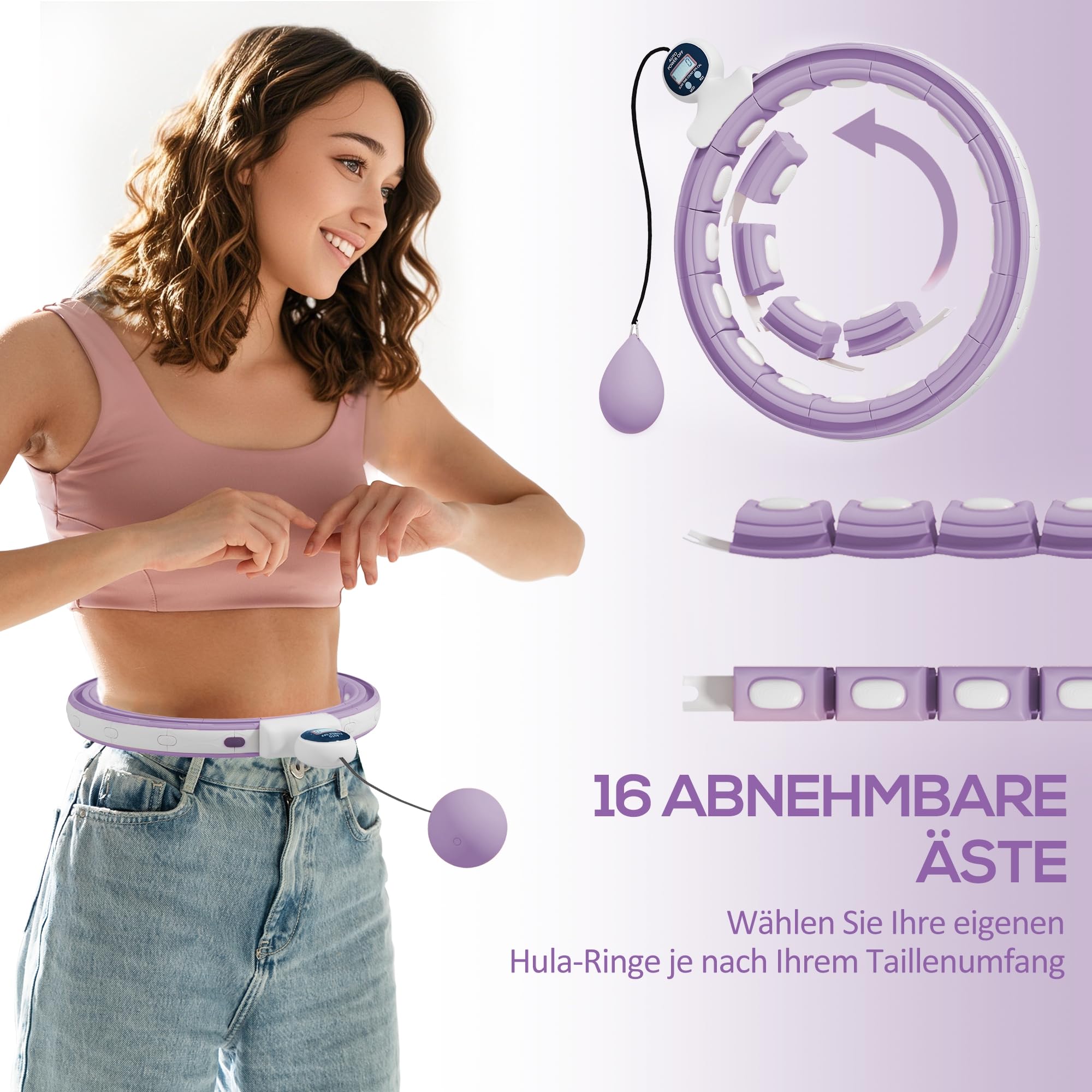 SPORTNOW Smart Hula Hoop 16 węzłów (76-113 cm) Fioletowy | Opona, Z kulką obciążającą, Licznik, Regulowany, Cichy, Sprzęt do odchudzania, Nieskończony Hula-Hoop, do utraty wagi