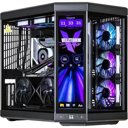 Velztorm LCD Black Praetix Custom Built Y70 Touch Gaming Desktop PC (GeForce RTX 5080 16GB (Beats 4090), Liquid Cooled Intel i9-14900K, 64GB DDR5, 2TB PCIe SSD+6TB HDD, 1000W PSU, WiFi 6E, Win11Pro)