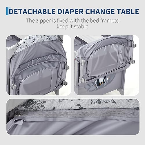 Miniatura 5 de GarveeHome Cuna 4 en 1, para empacar y jugar, cuna portátil con puerta con cremallera y cambiador, ruedas de bloqueo, almacenamiento inferior y