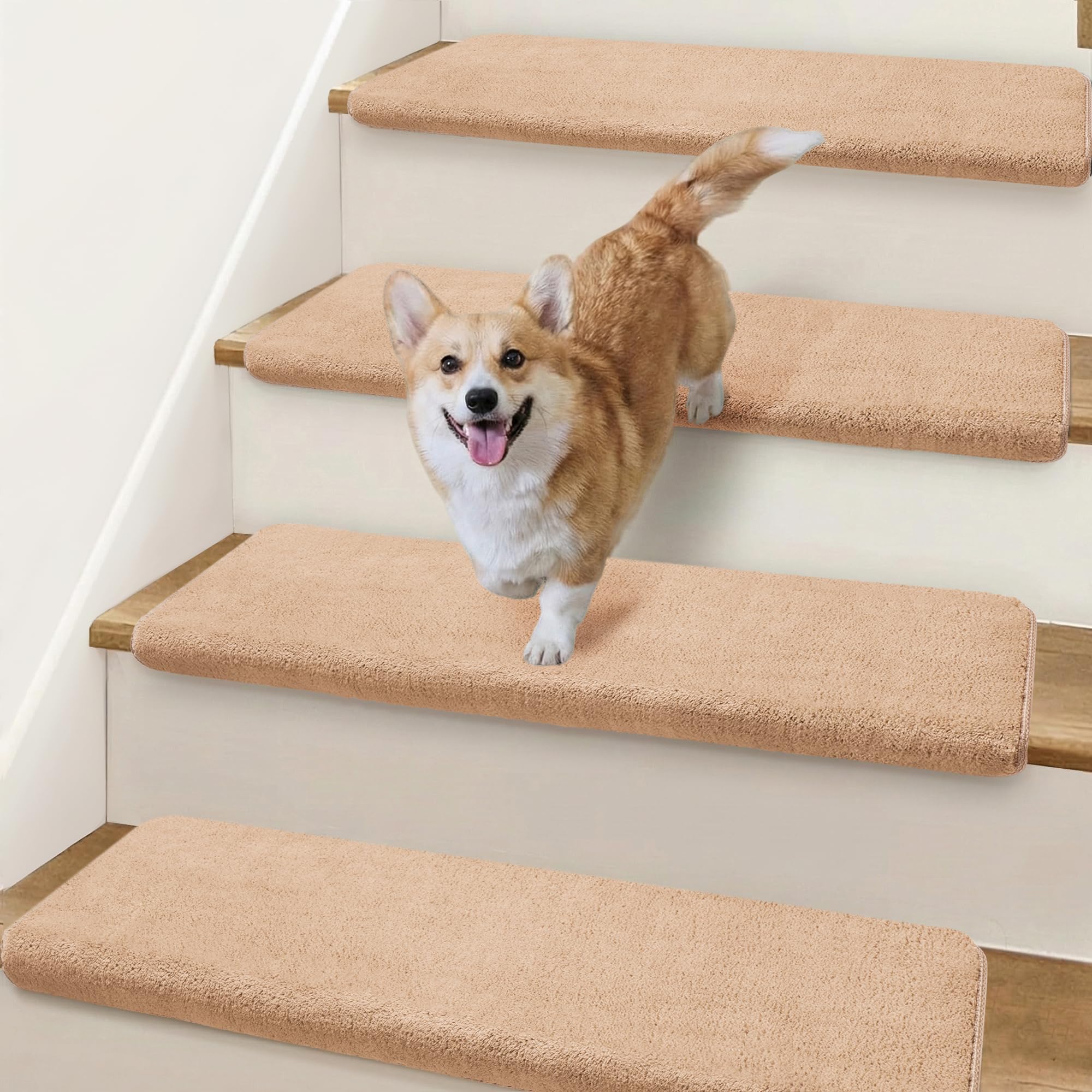 NEKL Bullnose Stair Treads Non Slip 9.5" x 32", 14 Pcs Ultra Plush Carpet Stair Treads for Wooden Steps Indoor with Edge Protection, Reusable Peel and