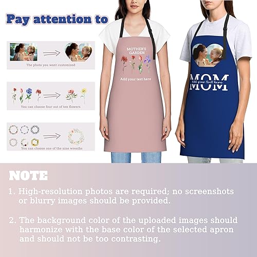 Miniatura 2 de Delantales personalizados para mujer, diseño de delantal de chef ajustable con nombre, textos, fotos, flores, regalos para el día de la madre