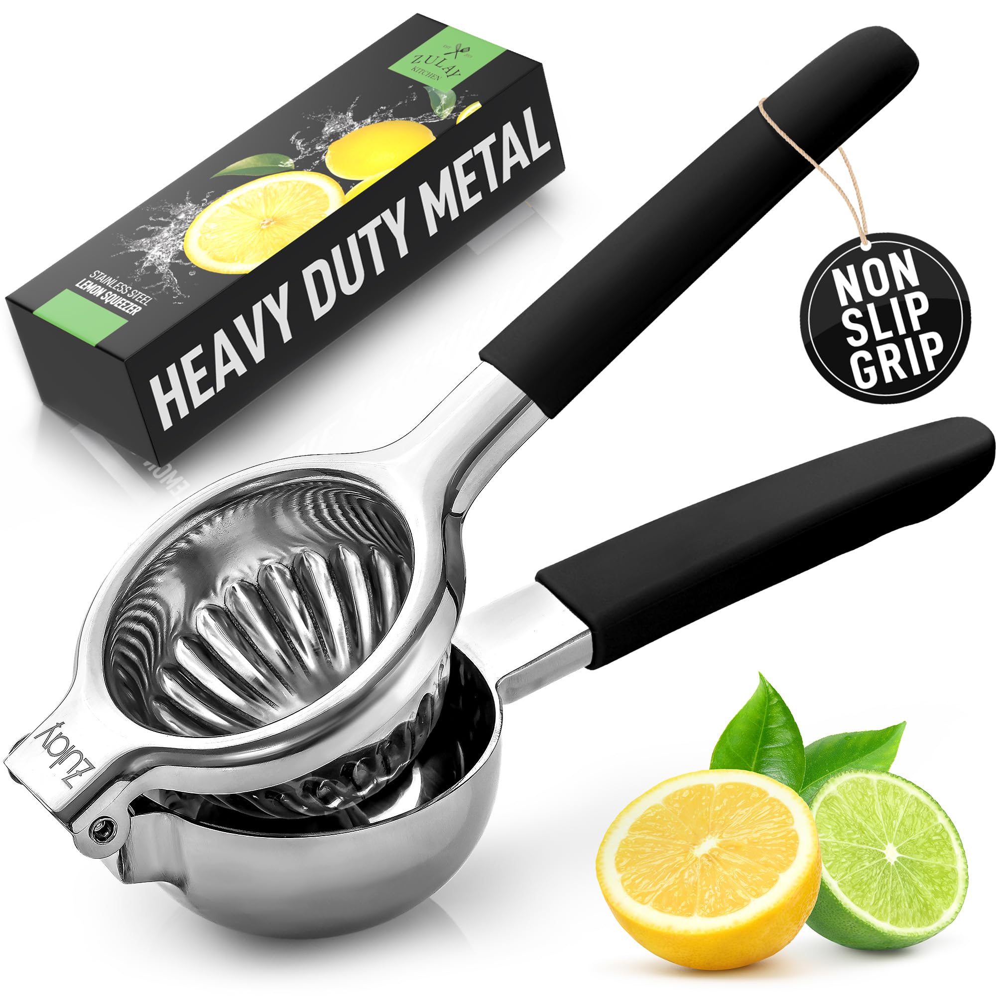 Zulay Lemon Squeezer Stainless Steel with Premium Heavy Duty Solid Metal Squeezer Bowl (Black Grip, Large)