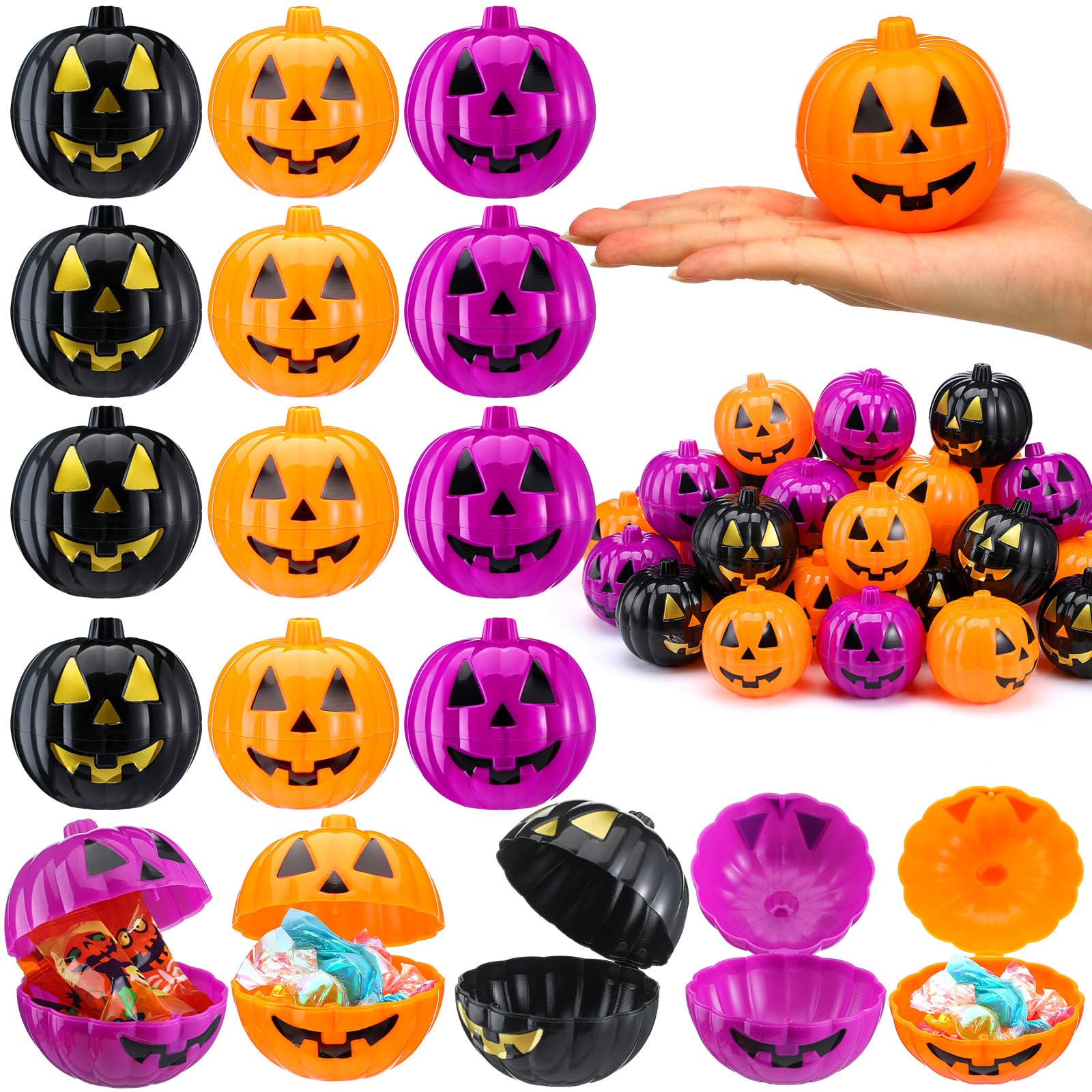 Lallisa 60 Pcs Halloween Pumpkin Containers Orange Purple Black Plastic Pumpkin Storage Box Case Bulk Mini Pumpkin Candy Box Halloween Trick or Treat Candy Gift Boxes for Halloween Decoration Party