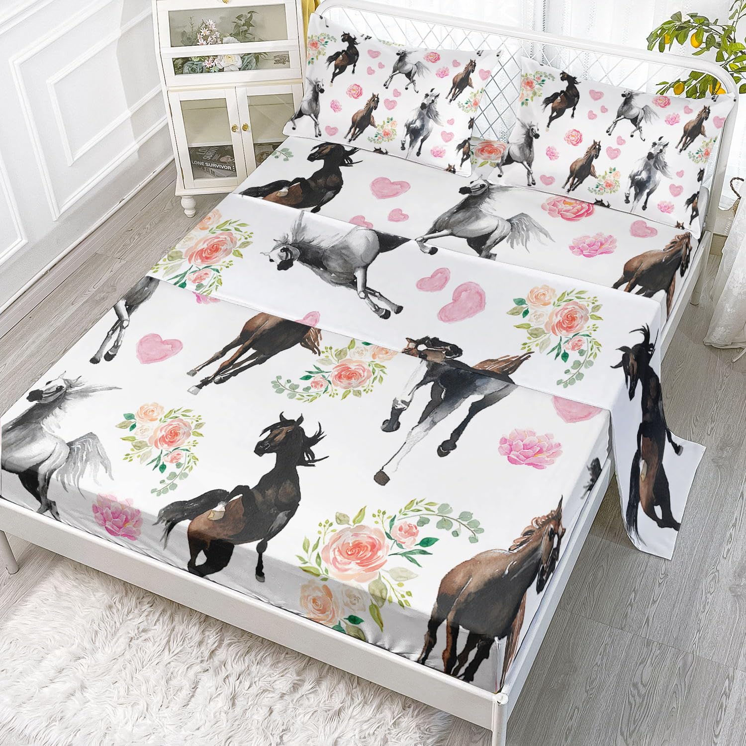 Kids Horses Flowers Sheet Set - Queen Size 4 Pcs 1 Flat 1 Fitted 2 Pillowcases