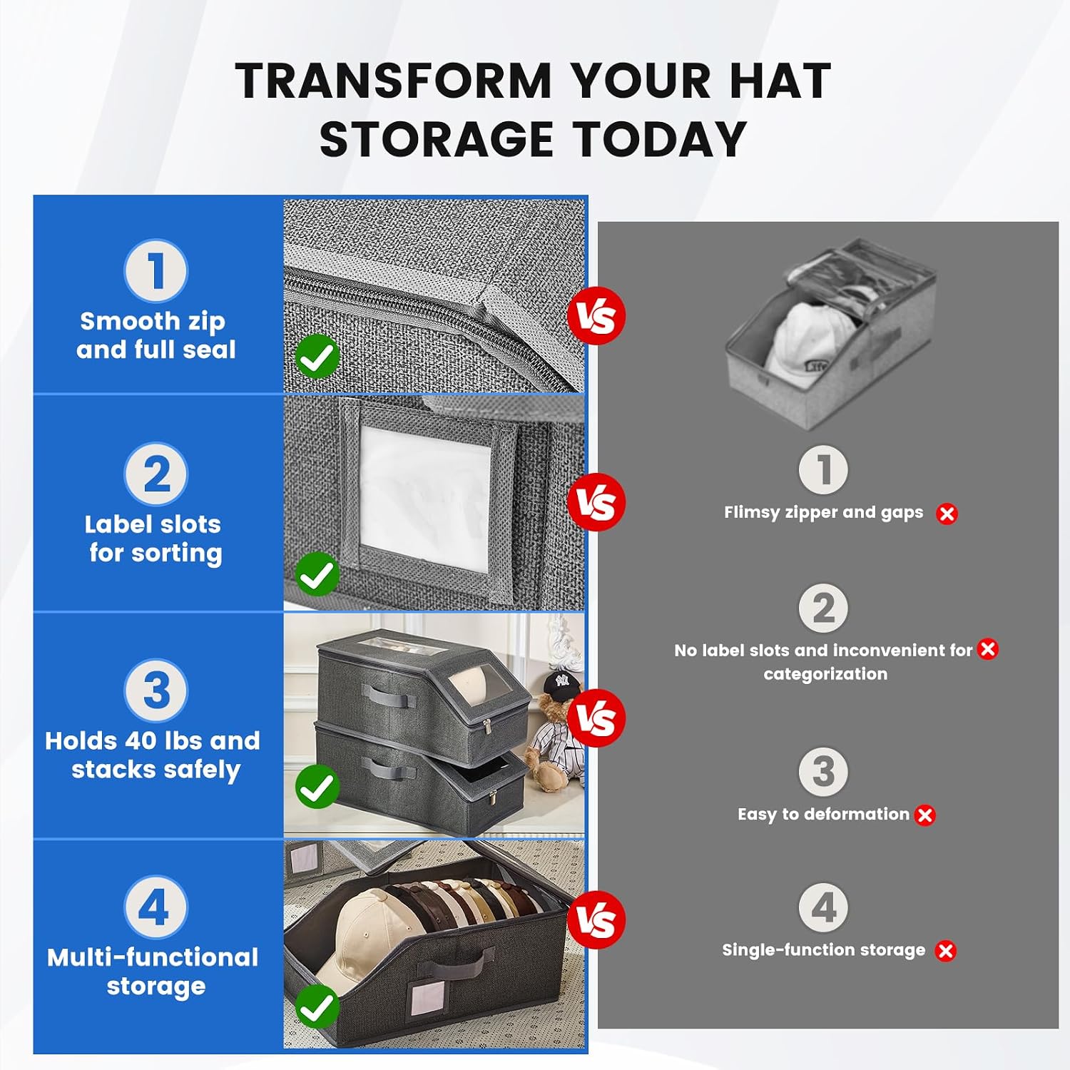 Hat Boxs for Men,Stackable Hat Storage for Baseball Caps,Dark Gray,2 Pack