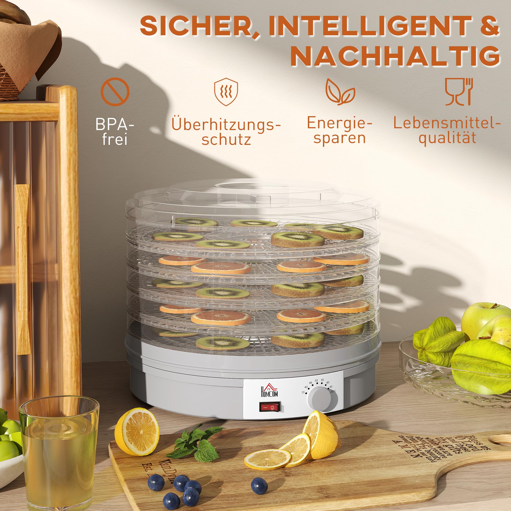HOMCOM Dörrautomat Dörrgerät, 245 W, 35-70°C Temperaturregler, 5 Einlegefächer, Dehydrator für Lebensmittel, Obst, Fleisch, Gemüse, Blumen, BPA frei