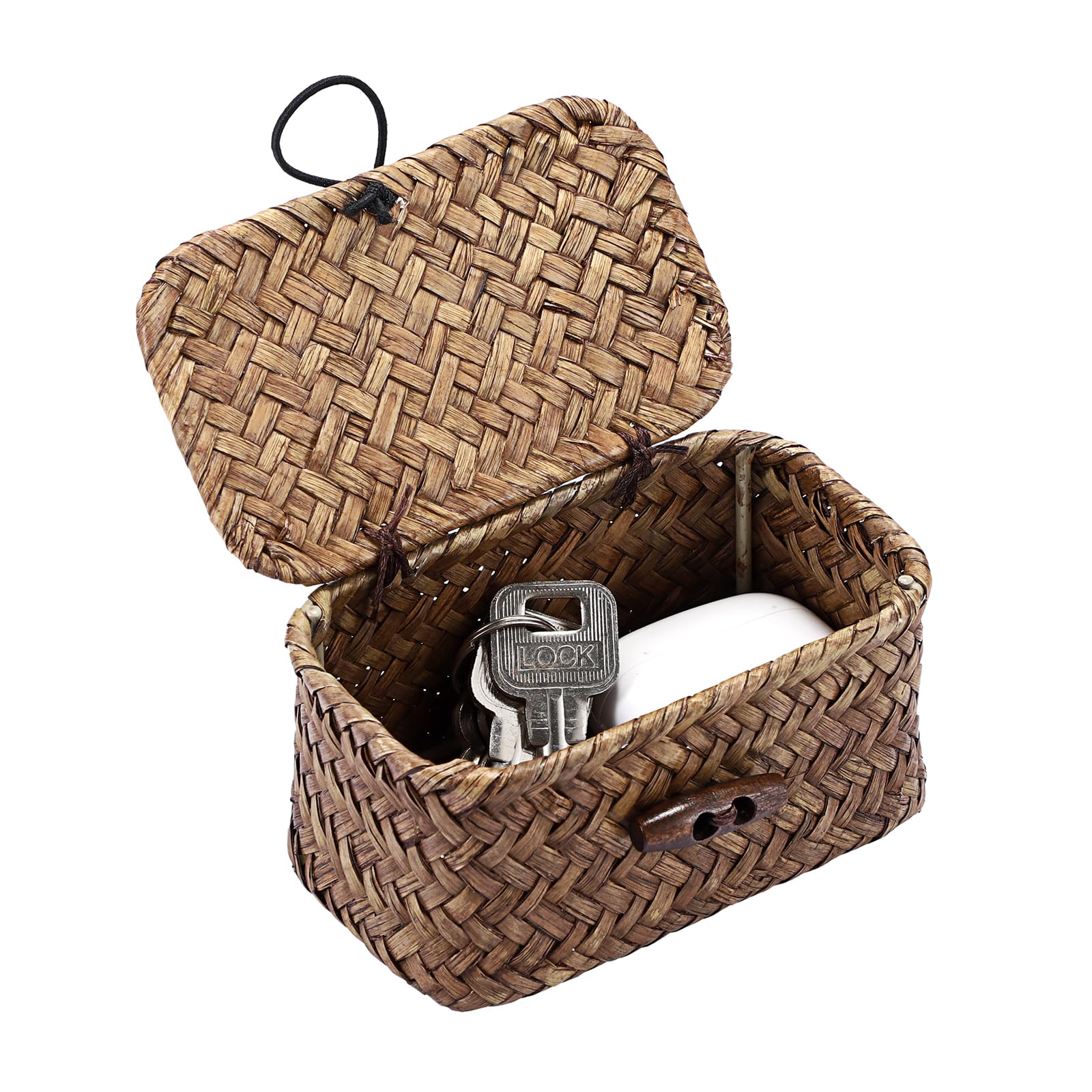 IGNPION Mini Seagrass Desk Storage Basket with Lid, Wicker Entryway Keys Storage Basket, Bathroom Organiser Box, Farmhouse Decorative Shelf Box, Multipurpose Storage for Craft, Paper Clip, Hair Ties