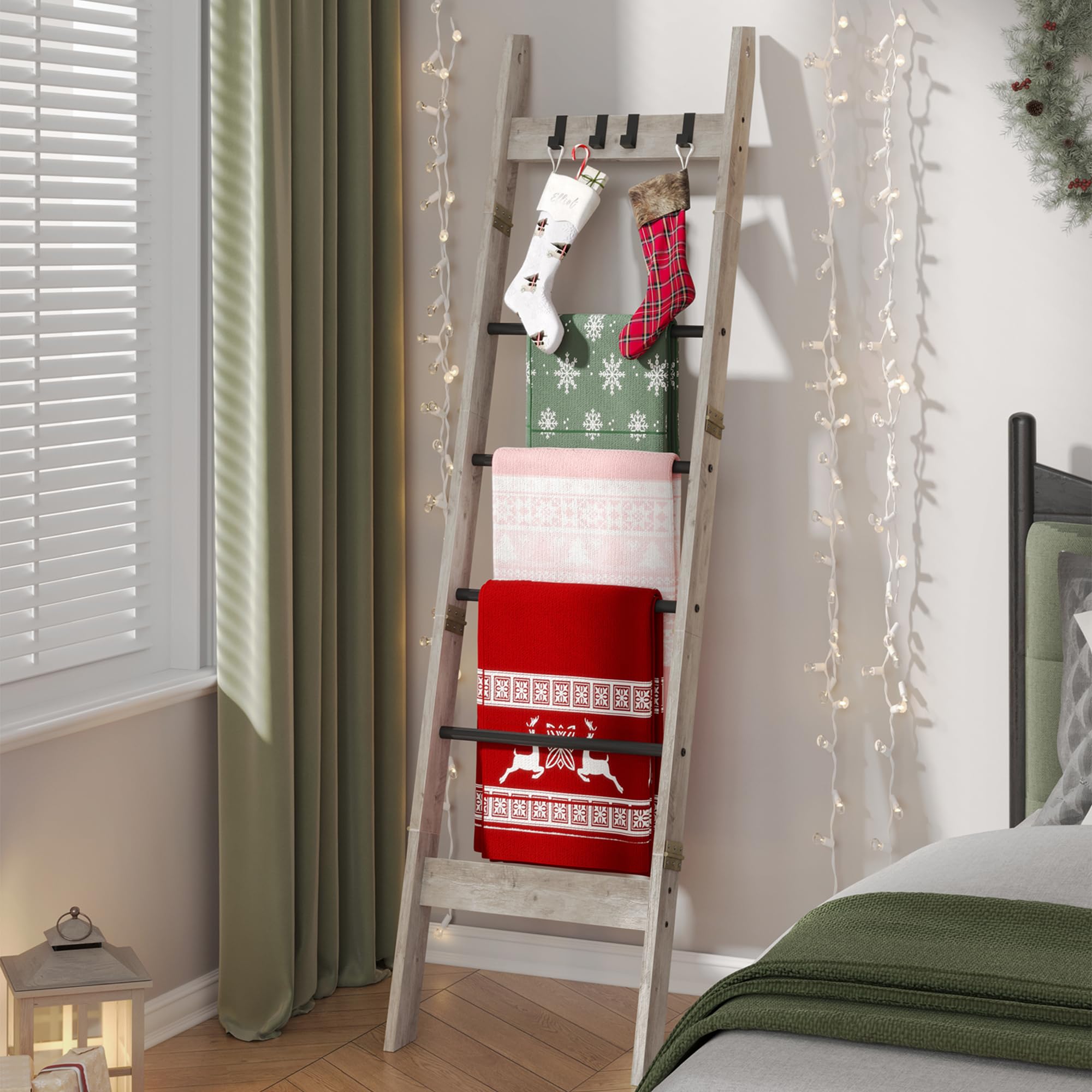 Blanket Ladder for Living Room, Decorative Quilt Rack with 4 Removable Hooks, 6-Tier Farmhouse Ladder Holder Shelf Organizer for Bedroom, Greige and Black BR31505B