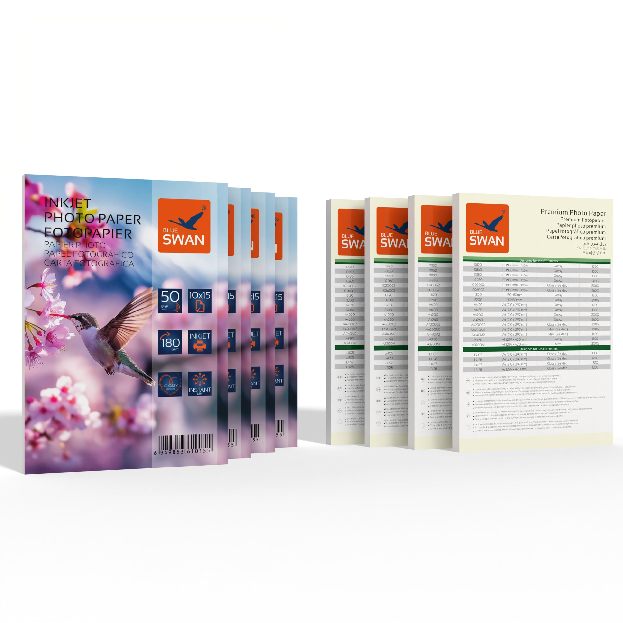 BLUE SWAN Carta Fotografica Lucida 10×15 cm, 180 g/m², 400 Fogli (8×50) – Rivestimento Monolato, Asciugatura Rapida, Resistente all’Acqua e ai Graffi, Colori Brillanti