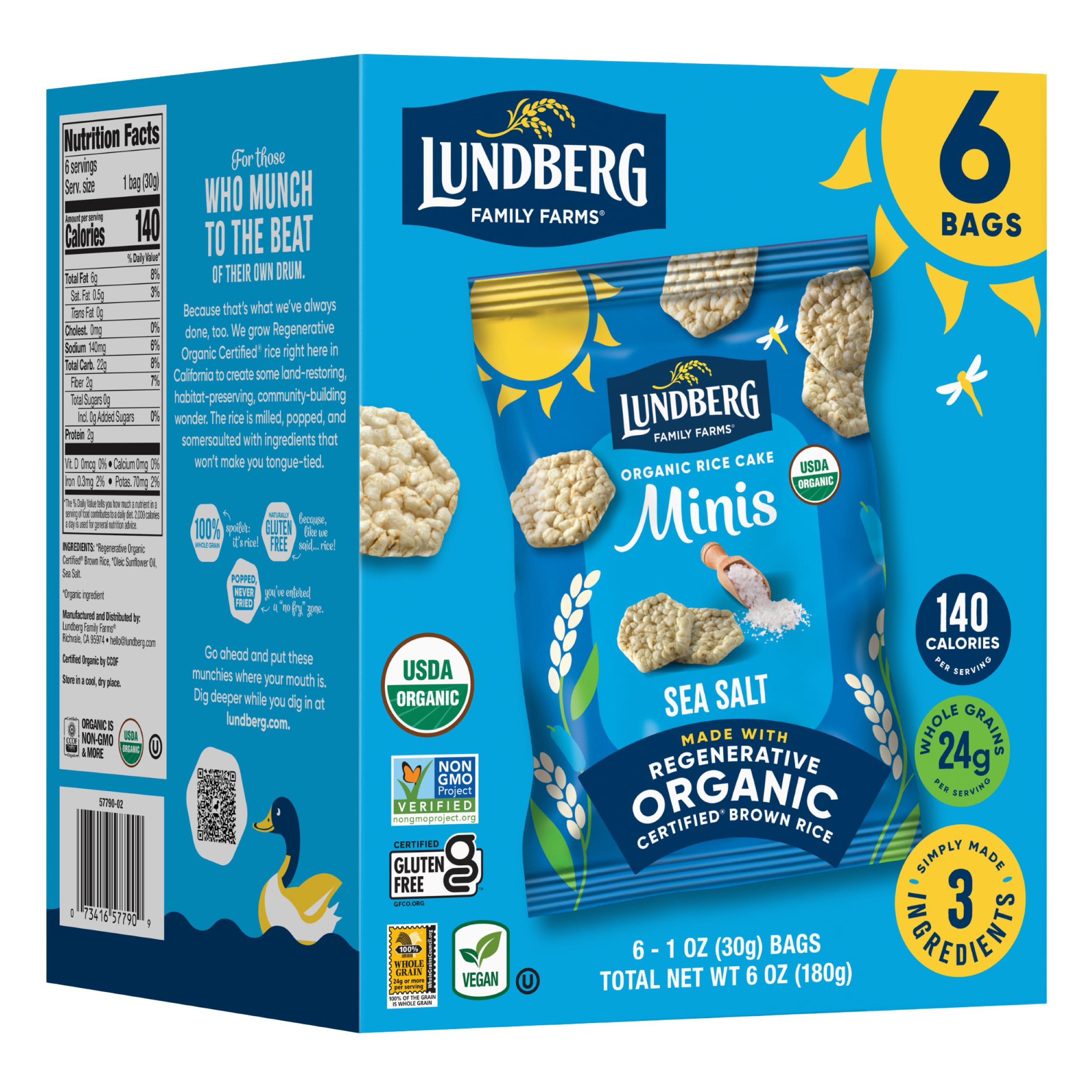 Lundberg Organic Rice Cake Minis Sea Salt - Organic Whole Grain Brown Rice, Gluten Free, 6 x 1oz