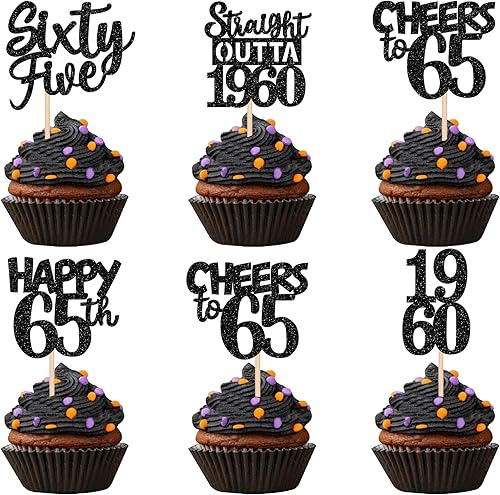 30 piezas negras para cupcakes de cumpleaños 65 con purpurina Sixty Five Happy 65th Straight Outta 1959 para magdalenas para saludos a 65 años 65