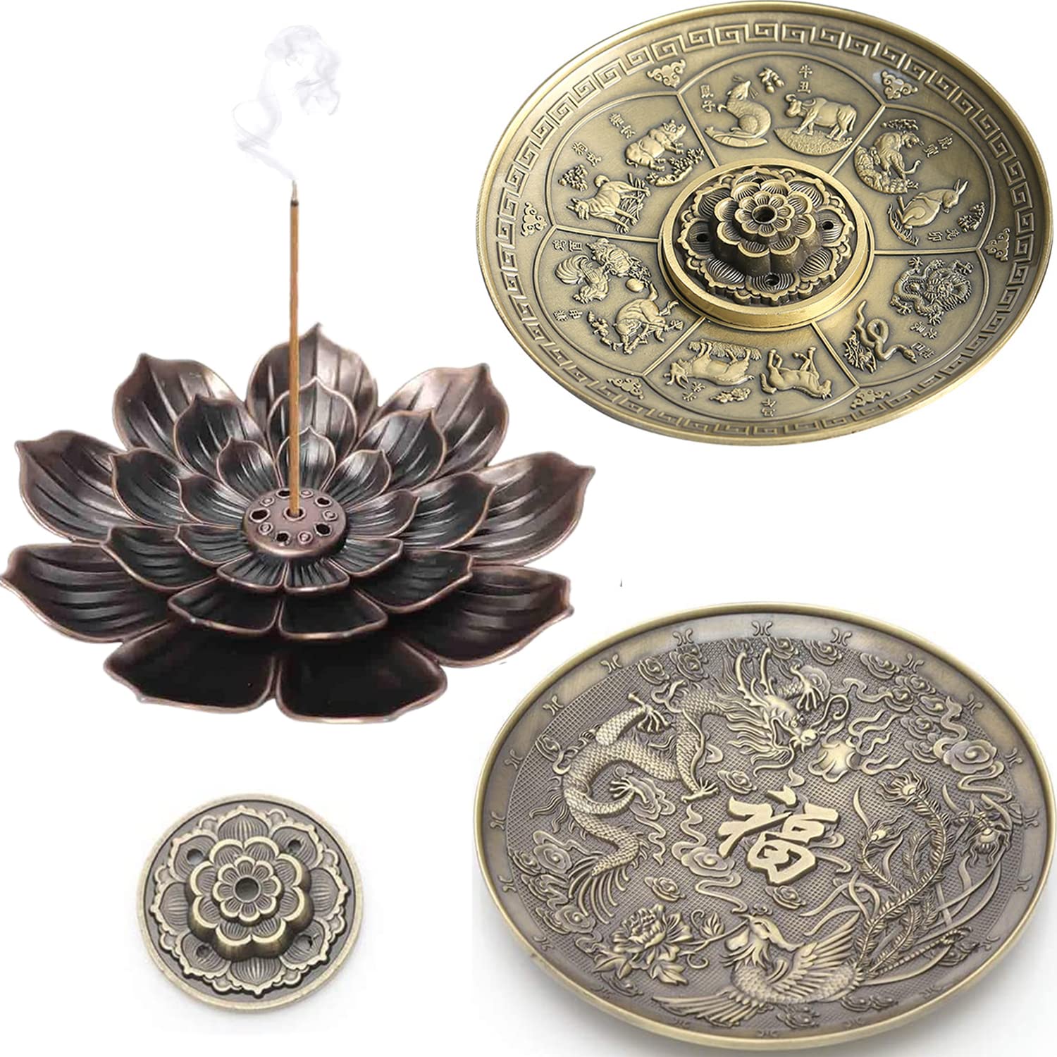 Wierookstokjeshouder, metalen wierookhouder, lotus, ronde wierookstokjeshouder, asvanger, grote wierookhouder, houder voor wierookkegen