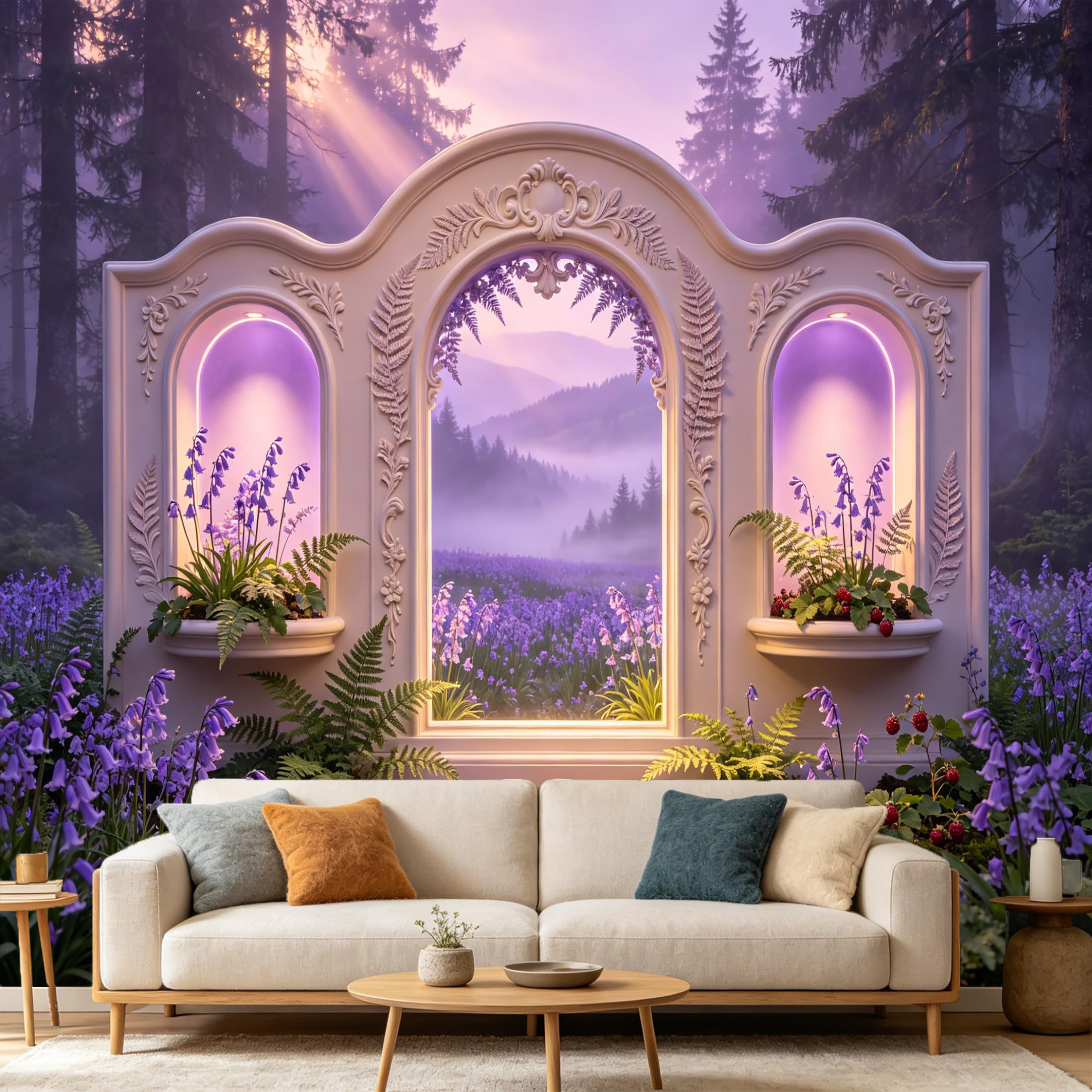 Custom Size Wall Mural， 3D Misty Forest Archway Purple Wildflower Meadow Landscape， SelfAdhesive Art Prints wall Fabric Removable Large Wallpaper Home Living Room Decor