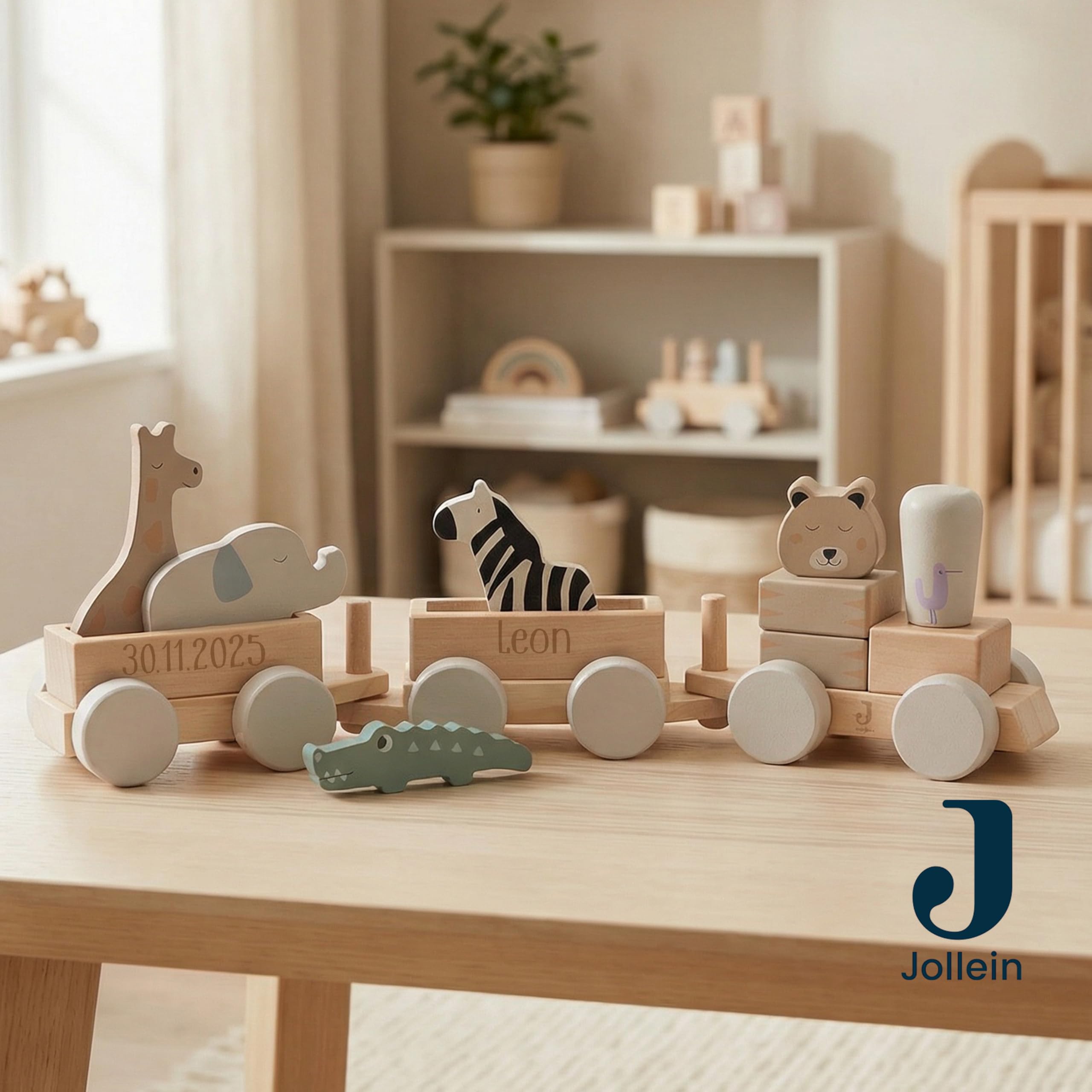Jollein Holzzug personalisiert mit Name & Datum – FSC Holzspielzeug ab 18 Monate – Made in Germany – beidseitige Gravur – Motorikspielzeug mit Tieren