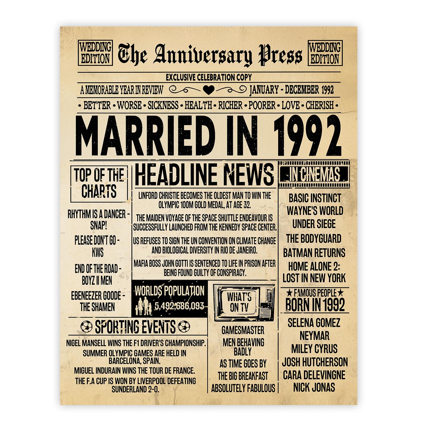 Stuff4 Men's 1992 34Th Anniversary Poster Unframed - Married In Newspaper - 34 Wedding Anniversary For Wo Retro Vintage Gifts Back In 8X10 Inch Anniversaries Posters