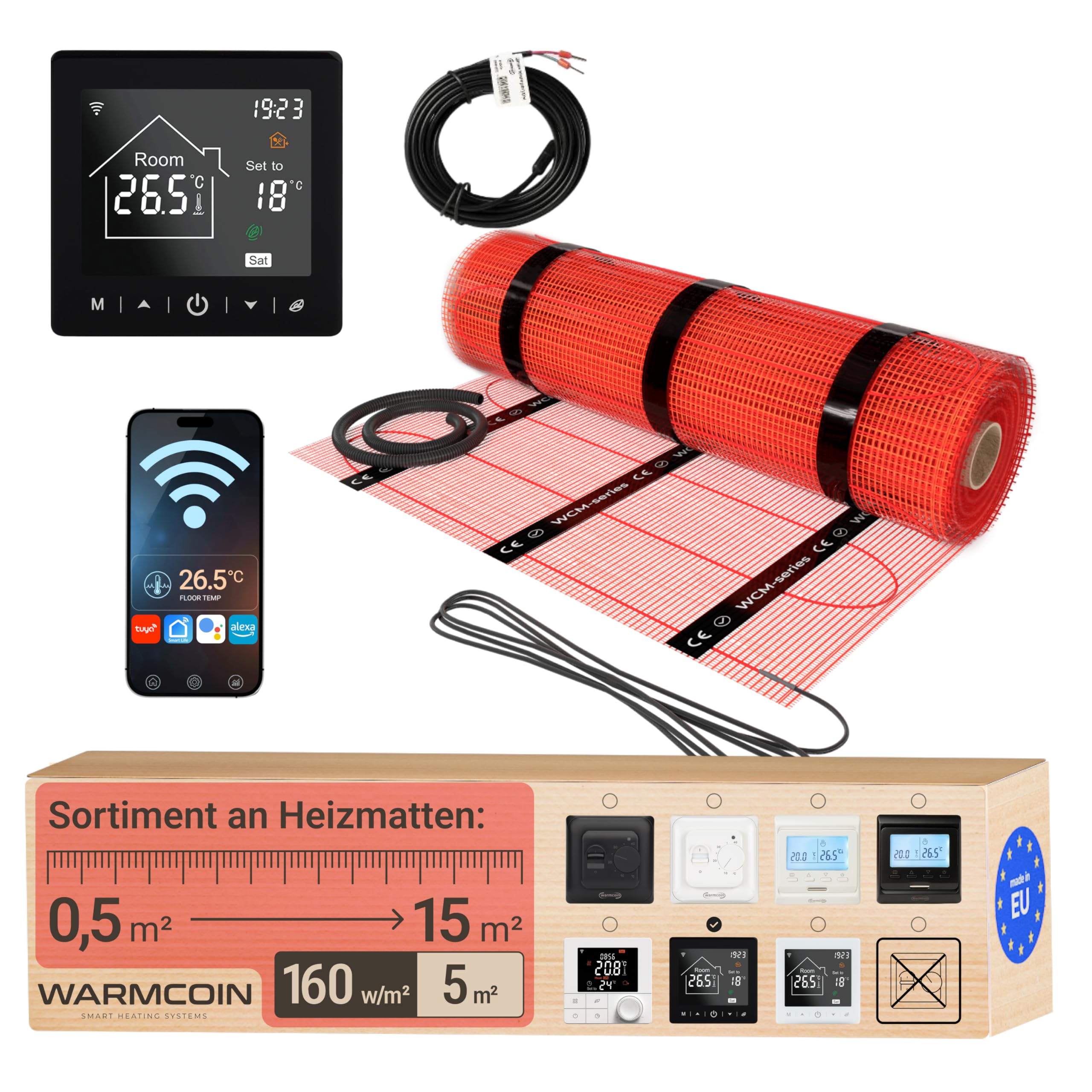Kit Riscaldamento a Pavimento Elettrico 160W/m² – 5,0 m² – Per Piastrelle, Laminato e Vinile – Con Termostato WiFi W100 Nero Touch Screen Smart